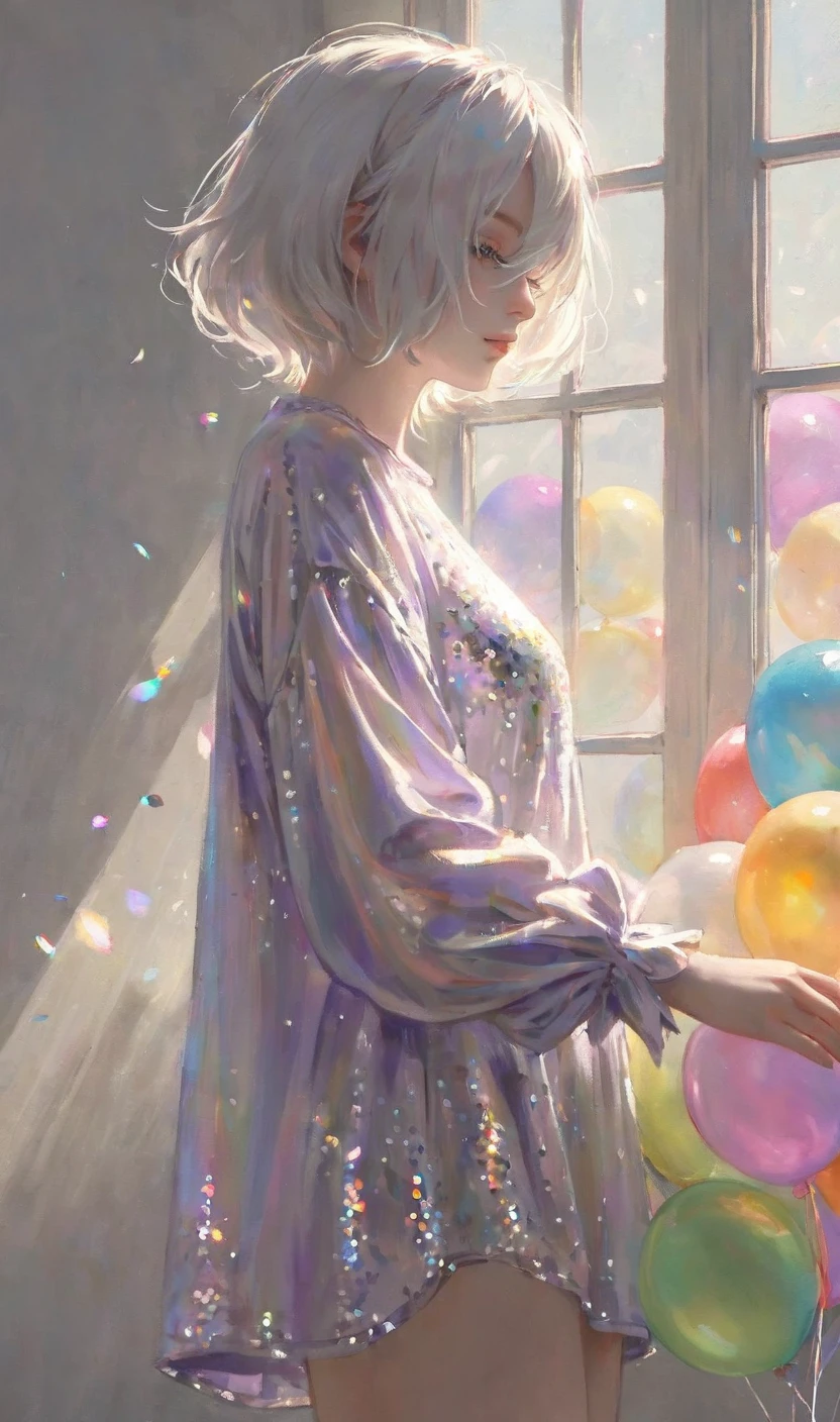 masterpiece,best quality,amazing quality,very aesthetic,absurdre BREAK
<lora:hs2b2SDXL1:1>, 20. hs2b, a half-body portrait of 2B. Her hair is a short, white style that has a rainbow-like sheen in the sunlight. She's wearing an oversized, light purple shirt with a few sequins scattered on it. The sunlight is soft and diffused, creating a soft, pastel-colored glow around her. Her bare legs are smooth and pale, and the light reflects off the sequins, creating a sparkling effect. The background is a simple, white room with a few colorful balloons, and the sunlight is streaming in through the window.