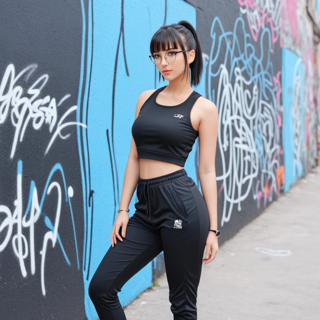 A trendy young woman in a fitted crop top and high-waisted joggers, paired with chunky sneakers and a sleek ponytail, leaning against a graffiti-covered wall in an urban setting, photorealistic and modern streetwear vibe, 1girl, larissa, bangs, short hair, black eyes, black hair, breasts, glasses, attractive body, <lora:larissa-v2:1>, <lora:Fixhand:1>,<lora:Super_Skin_Detailer_By_Stable_Yogi_SD0_V1:1>, <lora:virgin_killer_sweater:1>