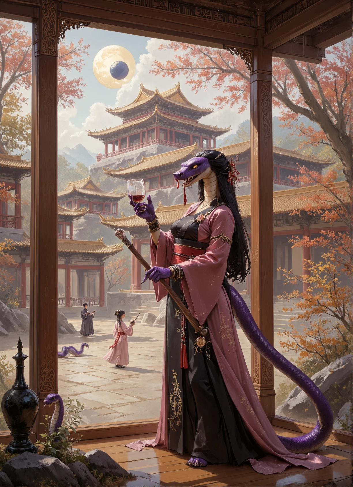 Ink Dripping Drawing, watercolor painting Chinese Gongbi art, dark fantasy art, a semi-realistic oil painting of an anthropomorphic cobra, painted onto a folding Shoji changing screen, in the style of Forgotten Realms and D&D, inspired by the Chinese year of the Snake and Chinese culture, shape-shifter, beautiful snake woman, large head of a cobra, large long cobra face, yellow snake eyes, short neck, lateral expansion of her neck skin and underlying musculature, venomous fangs, humanoid arms and hands, long sharp deadly fingernails, long cobra tail, (anthro cobra), Yuan-ti from Dungeons & Dragons, slithering gracefully along the ground with her purple snake-like torso upright, medium covered breasts, a mysterious woman hidden in shadow and surrounded by magical energy, master of the elements and arcane spellcraft, imbued with the abilities of a god at birth, she is able to bend both time and space to her will with a simple hand movement and a spoken word, ambitious, greedy, malevolent, enticing, mysterious, black Hanfu formal dress, [no longer does she have the need to walk or ride, teleportation and levitation are her forms of locomotion, omnipresent in the way that she can see and hear the entire world around her all at once, isolated and lonely with only her unlimited power to keep her sane], wizard, sorceress, holding a long magical metallic silver staff with a glowing gem at its tip, cunning, chaotic, dangerous, fantastic mythical creature, evil eyes, dark purple serpent skin,  Pink Hanfu formal dress, aggressive, mischievous, troublemaker, cunning trickster, beautiful and terrifying, deadly, lunar eclipse in the shape of a coiled serpent, background of The Forbidden City background, Phoebe Zhennan wood structures with golden tile rooftops and lines of statuettes led by a man riding a phoenix and followed by an imperial dragon, marble courtyards and archways, golden bricks form intricate patterns along the many roads in the palace complex, large stone walls surround the perimeter providing safety and security to those within, an awesome sight be behold in not only its size but its beauty as well , indirect lighting, shadows, hard edges, sleek contours, (year of the Snake theme) <lora:Prog420_YoS_Flux:1> <lora:Anthropomorphic_Fantasy_DnD_Illustrations:0.8> <lora:china_songdai_shuimo:0.8> . vibrant, beautiful, painterly, detailed, textural, artistic, ink drawing, dripping ink