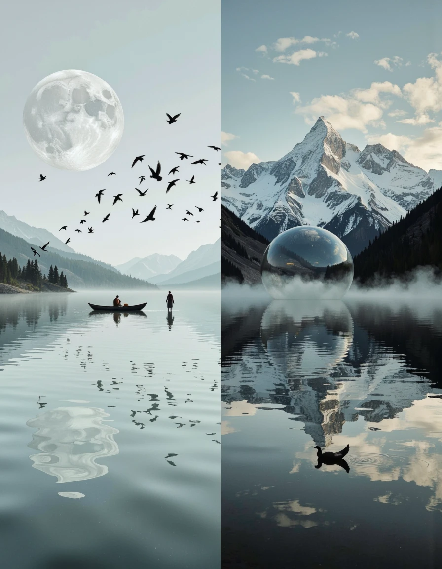 This image is a hyper-realistic cinematic photogrpah featuring a stylized landscape scene. The photo is divided vertically into three sections. The left section is dominated by a calm lake with a small boat and a monk standing in it, the lake reflects the surrounding scenery, the shores of the lake disappear into thick fog. The middle section showcases a moon, positioned near the top of the image, creating a dramatic contrast with the sky above. A flock of birds is depicted flying towards the moon, adding a sense of movement and depth. The right section features a large transparent sphere. <lora:Hocus_Pocus:1>