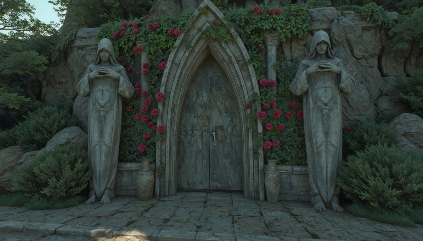 W3ATMST. The image presents a scene rendered in a style reminiscent of concept art for a fantasy video game or film. The overall aesthetic leans towards realism with an emphasis on natural textures and light. The central focus is a stone archway, possibly the entrance to a hidden sanctuary or ancient structure. The arch is constructed from aged, weathered stone, with hints of moss and discoloration, adding to its aged and mystical feel. Flanking the archway are two hooded statues, also made of stone. They are positioned symmetrically, facing inward toward the entrance, enhancing the feeling of guard or protector figures. The surrounding environment is lush with vegetation, featuring green foliage and vibrant red roses that climb the stones, offering a striking contrast to the cool gray of the stone elements. An earthen vase is placed near the foot of one of the statues. The lighting is soft and diffused, giving the scene a serene and slightly melancholic atmosphere. The background is out of focus, suggesting a wider landscape beyond, with hints of mountains and a bright, slightly hazy sky. The composition is balanced, with the archway at the center and the statues providing both frame and depth. The scene as a whole evokes a sense of mystery, history, and a hidden world.