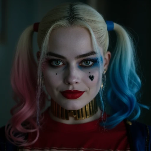 suggesting tears or bruises, which are painted black, Margot Robbie As Harley Quinn. This photograph captures a woman dressed as Harley Quinn, a character from the DC Universe, and black heart-shaped cut-outs on her cheeks, Margot Robbie As Harley Quinn. The image is a high-resolution photograph of a woman, with a gradient effect blending into blue at the tips. Her makeup is dramatic