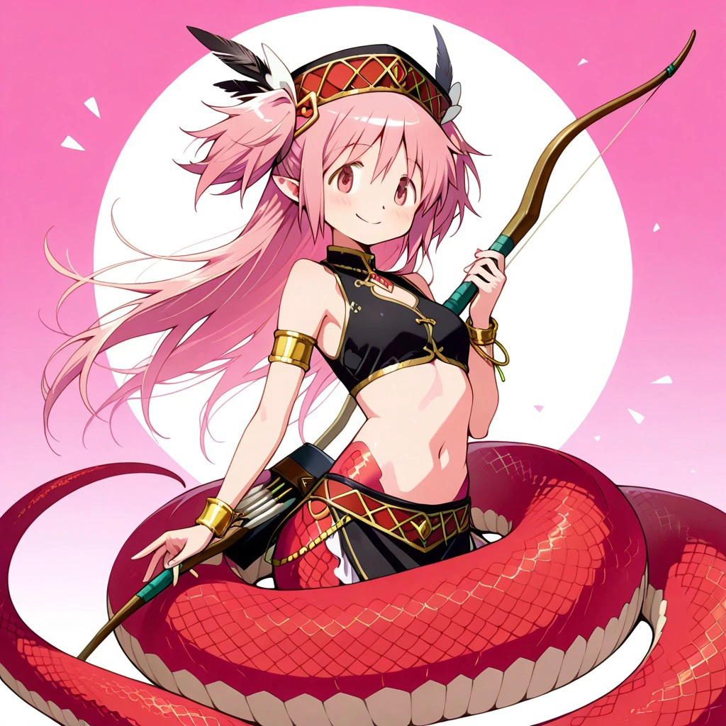 masterpiece, ultra-detailed, best quality, 8K, illustration, absolutely eye-catching,  
1girl, solo, sn4ke, snake girl, lamia,
cute girl,  
BREAK 
cute, teenage, pointed ears, smile, highly detailed beautiful face and eyes, long hair, hair ornament, Archer, quiver, feather hat, holding a bow, snake tail, kawaii, excited, coiled snake body, detailed,kaname_madoka,pink_hair,pink_eyes