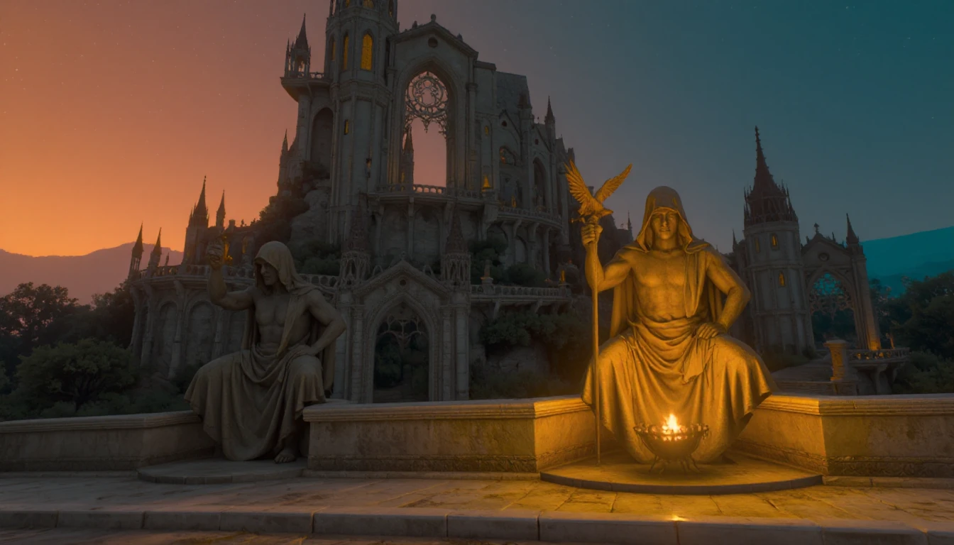 W3ATMST. The image adopts a digital art style, rendered with realistic lighting and textures characteristic of modern video game graphics. The scene depicts an ancient-looking architectural complex at dusk. Dominating the foreground are two large, golden-hued statues. The rightmost statue sits cross-legged, draped in a hooded robe, and has an eagle perched on its raised hand. A fire burns in a decorative bowl at its feet, casting a warm glow. The statue on the left is seated as well, also wearing a hooded robe and holding a sword downwards, its gaze is directed off to the left of the image. Both figures have a stony, weathered texture. Behind them, a series of ornate, gothic-style buildings with spires and arches rise against a sky transitioning from orange at the horizon to dark blue above, suggesting the time is just after sunset or before dawn. The sky is also dotted with stars, further emphasizing the nighttime setting. The architecture appears old, constructed of stone with intricate details. There are also hints of vegetation among the stone structures, suggesting a place that has seen the passage of time. The lighting is key here with the fire from the right statue adding warm light to the foreground with the last rays of the sun painting the sky in shades of orange and blue. This scene creates a dramatic and mysterious ambiance, combining the grandeur of architecture with the stoic presence of the statues.