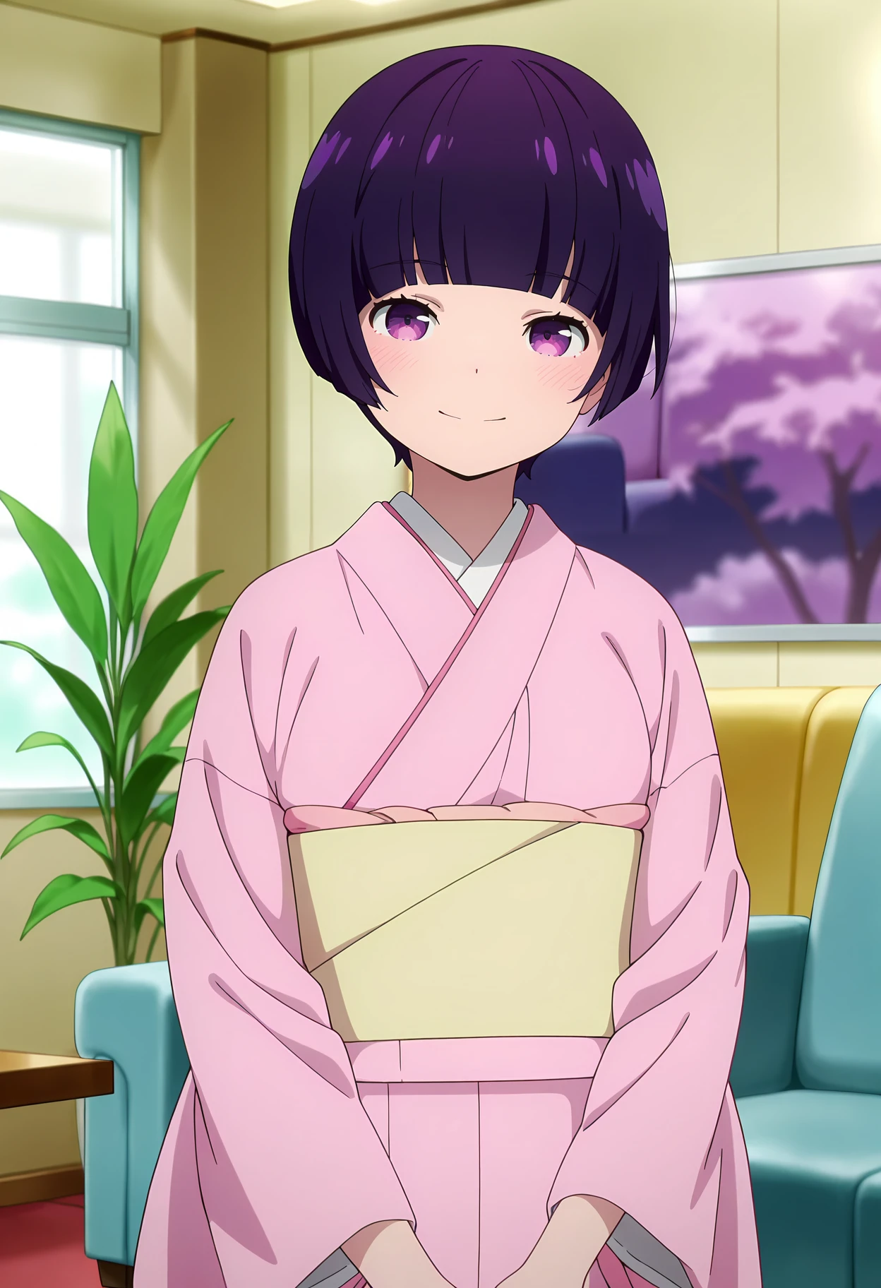 anime screencap, masterpiece, best quality,
<lora:EromangaSensei_SenjuMuramasa_IlluXL:0.9>,
1girl, solo, closed mouth, smile, blush,
short hair, purple hair, bob cut, blunt bangs, purple eyes,
MuramasaKimono, pink kimono, yellow sash, wide sleeves,
standing, looking at viewer, cowboy shot,
blurry background, indoors, living room, couch, window, plant