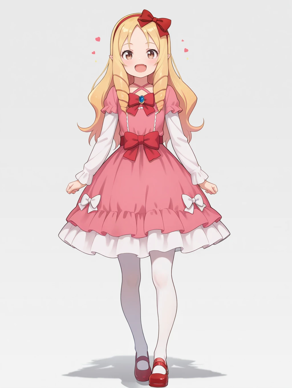 1girl, solo, very awa, masterpiece, best quality, amazing quality, very aesthetic, absurdres, full body, standing, happy, looking at viewer,
<lora:YamadaElf--IL-V1:1> YamadaElf, long hair, hair bow, drill hair, dress, bow, blonde hair, red bow, pink dress, hairband, twin drills, brown eyes, long sleeves, pointy ears, white bow, white pantyhose, red footwear, mary janes, shoes,