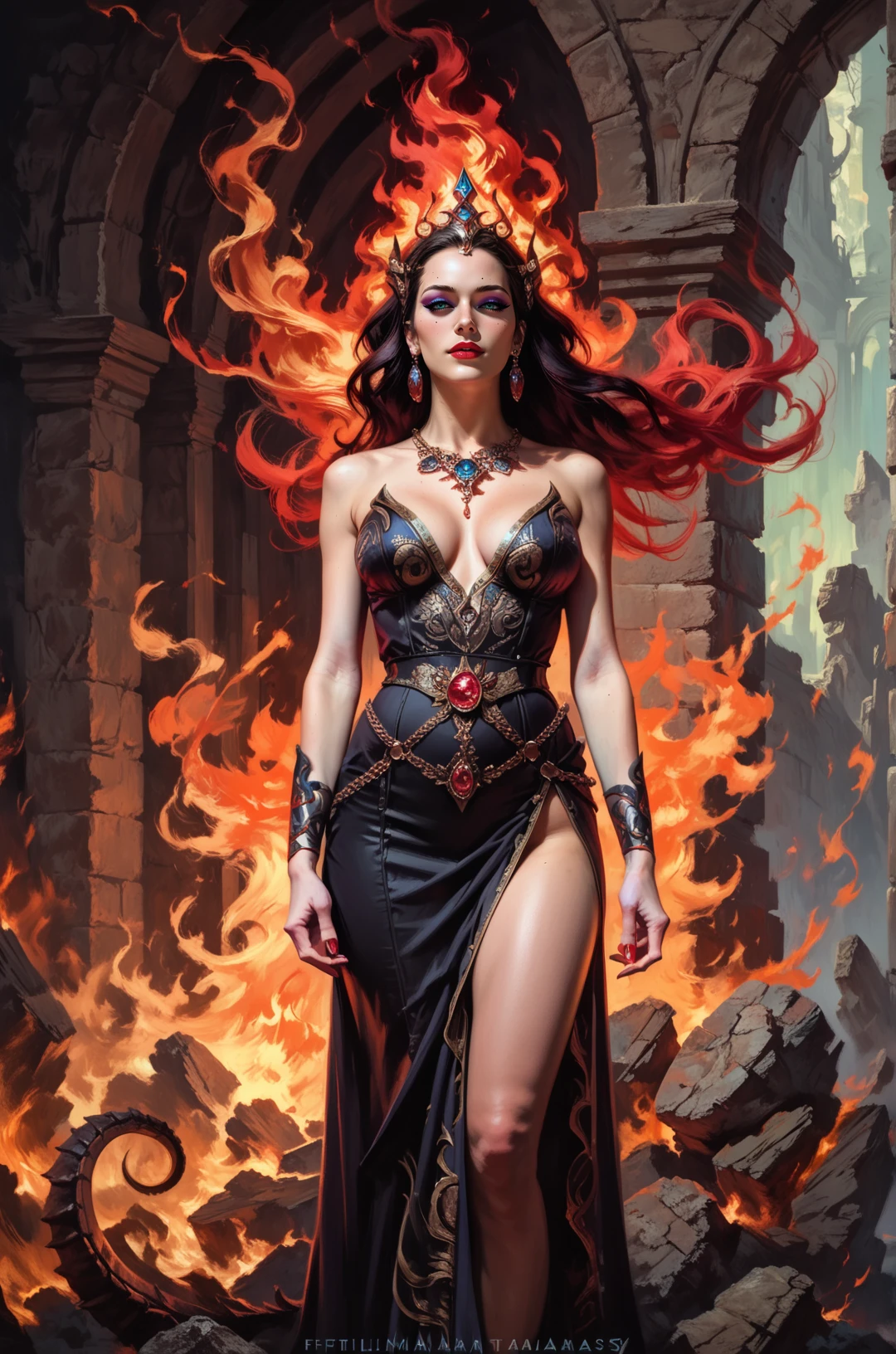 1girl, sorceress, full body shot, see through robe, fiery hair, fire mage