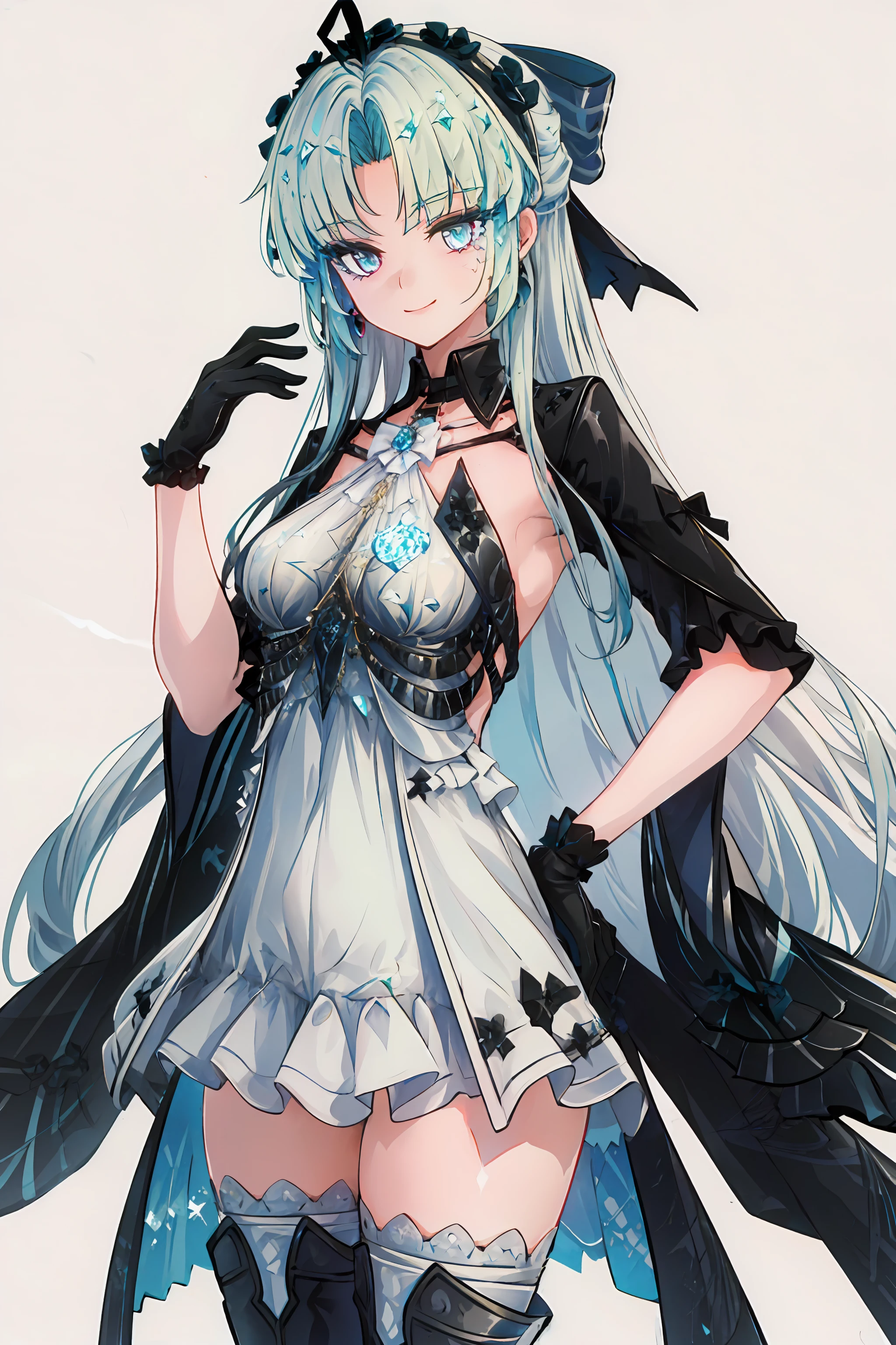 ((masterpiece,best quality)), 1girl, carlotta alter, black hair bow, black gloves, grey thighhighs, thigh boots, simple background, smile, cowboy shot, hand on own hip,