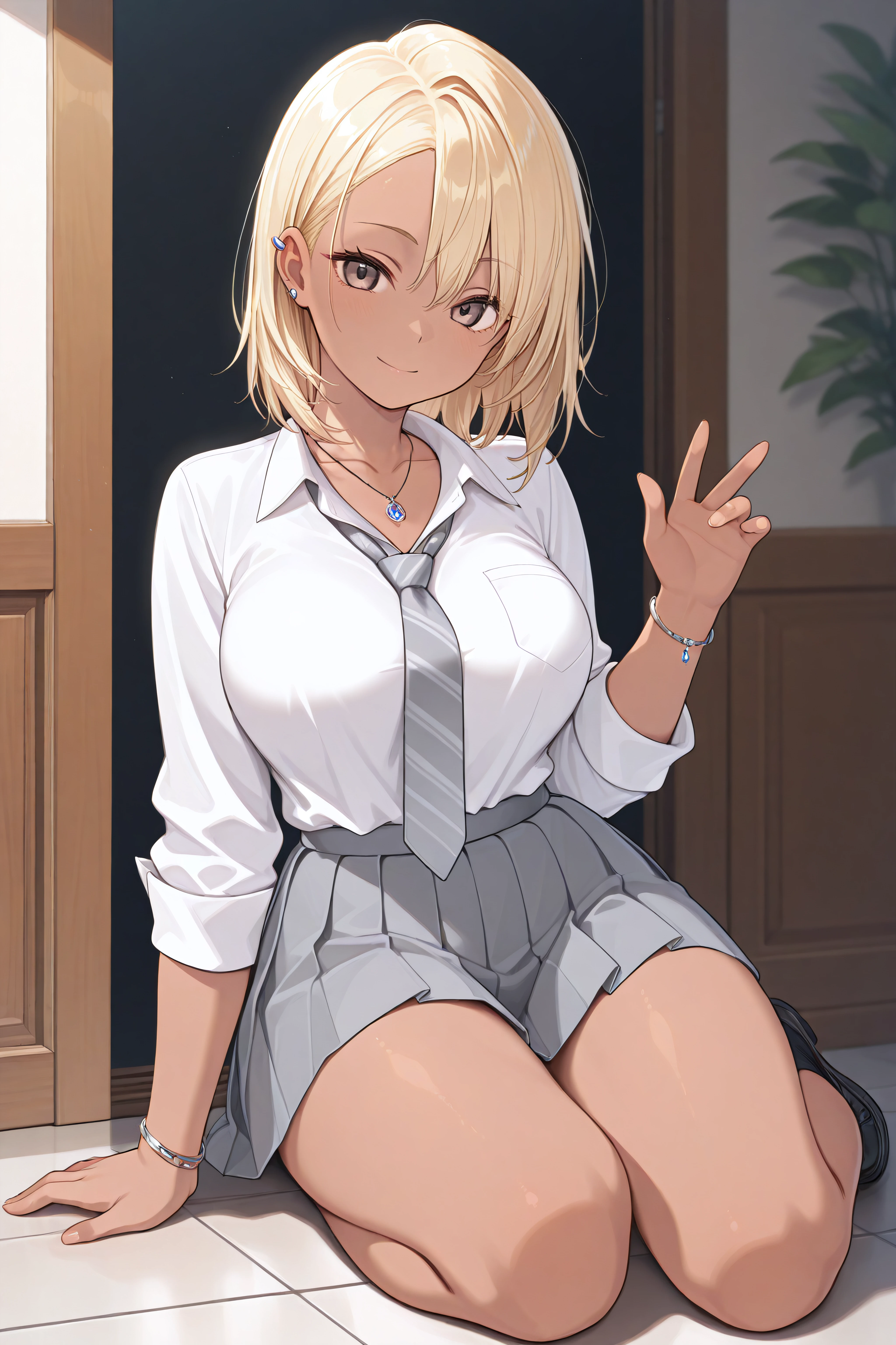 masterpiece, best quality, <lora:Nagisa-Illustrious-lora-Faxtron:1> nagisa, brown eyes, blonde hair, medium hair, large breasts, dark skin, ear piercing, pendant, bracelet, white shirt, collarbone, long sleeves, grey striped necktie, grey pleated skirt, smile, full body,