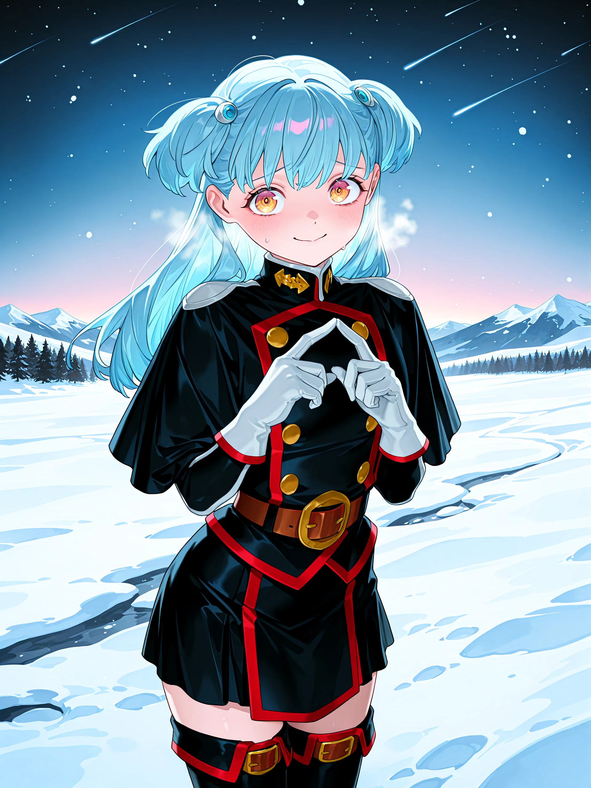 1girl, <lora:bell_sn50:1>, syuno, blue hair, hair ornaments, black military uniform, capelet, white gloves, brown belt, skirt, black thigh boots, shy, nervous smile, standing, looking directly at viewer, index fingers together, upper body, cowboy shot, portrait shot,
volumetric lighting, beautiful lighting, mountain background, snow on ground, nighttime, star,
high resolution, ultra-detailed, absurdres, masterpiece, best quality, good quality, newest
