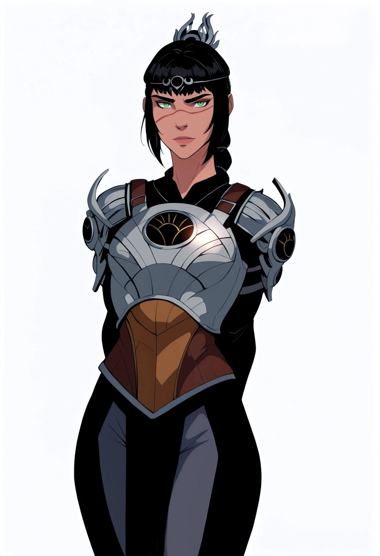 masterpiece, best quality, very aesthetic, absurdres,
1girl, solo, shadowheart, black hair, braided ponytail, green eyes, scar on face, circlet, looking at viewer, armor, pants,
arms behind back, standing, looking at viewer, simple background, white background, <lora:PhilBourrassaWesternArtstyleNoobLocon_byKonan:1> <lora:ShadowHeartIllustrious_byKonan:1>