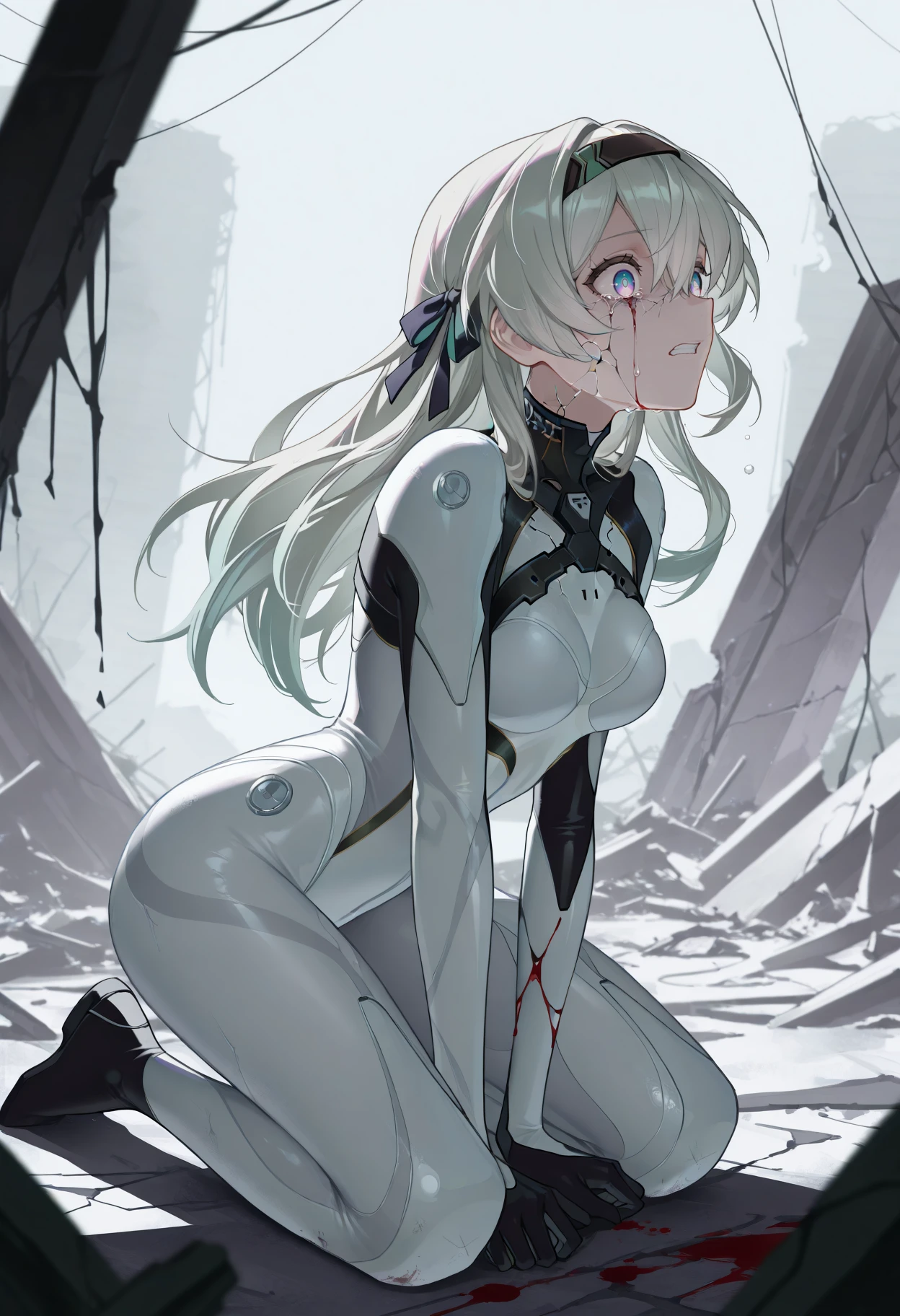 masterpiece, best quality, 1girl, solo, F1reflyPlugsuit, blue pupils, purple eyes, blue eyes, grey hair, multicolored hair, long hair, black hairband, hair ribbon, plugsuit, white bodysuit, kneeling, crying, cracked skin, defeat, blood, ruins, wide-eyed, shocked, <lora:ChamFireflyIllustriousXL:1>