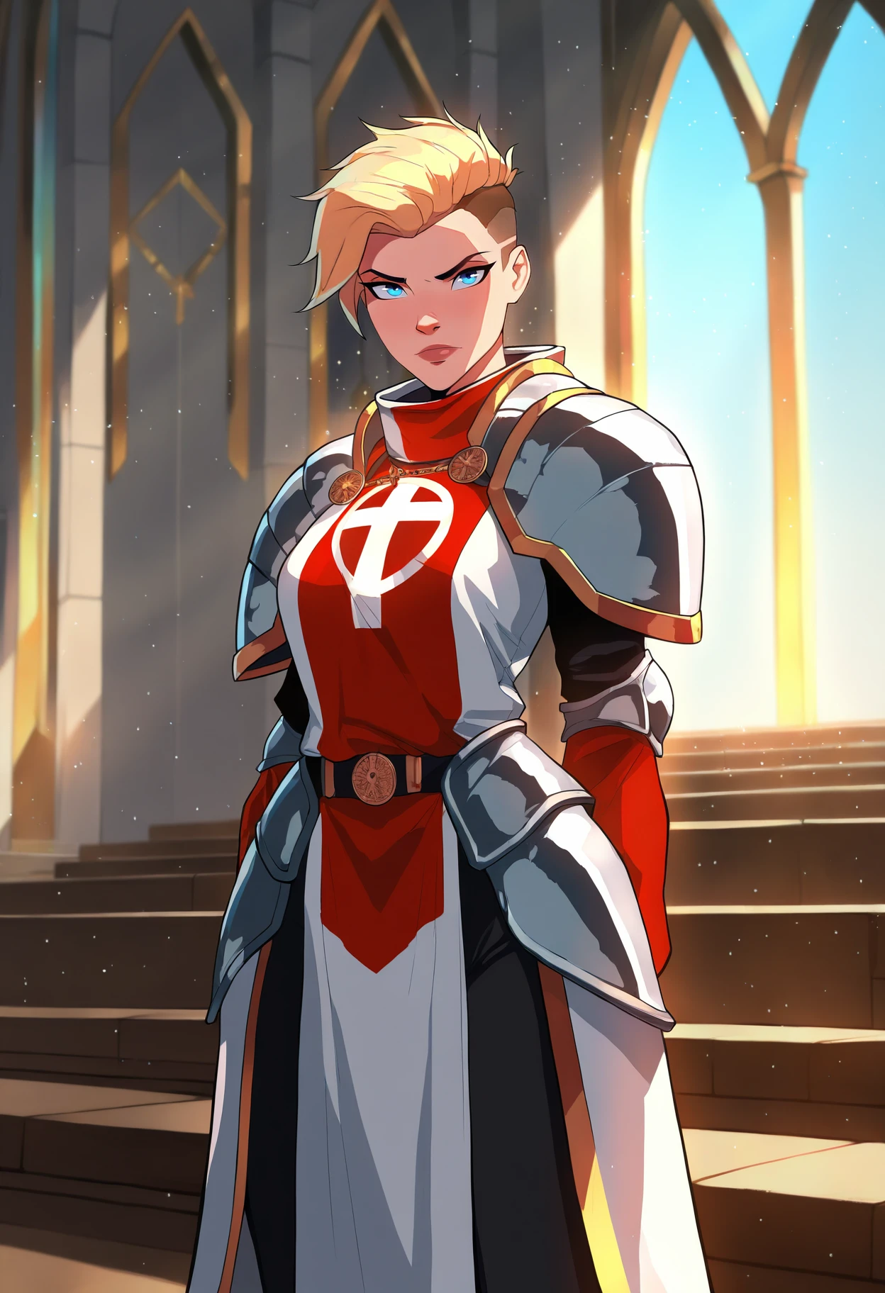 masterpiece, best quality, very aesthetic, absurdres,
1girl, blonde hair, short hair, undercut, blue eyes, templar armor, templar knight tabard, holy paladin, knight in full armor, looking at viewer, standing, holy light, light particles, church templar background, <lora:PhilBourrassaWesternArtstyleNoobLocon_byKonan:1>