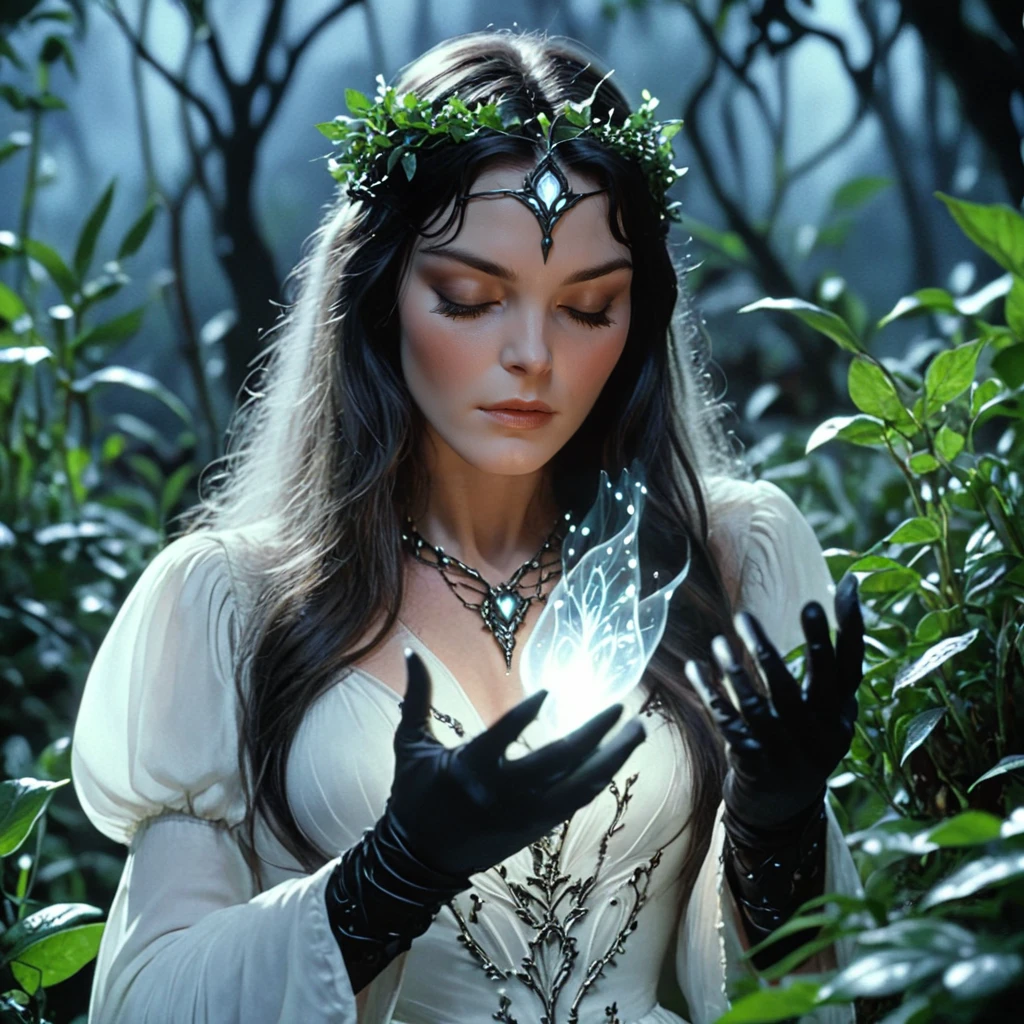 <lora:80sFantasyMovieV3SDXL:1> ArsMovieStill, 80s Fantasy Movie Still, The image shows a woman in a white dress holding a light in her hands surrounded by plants in the background., 1girl, long hair, closed eyes, solo, black hair, jewelry, necklace, blurry, upper body, gloves