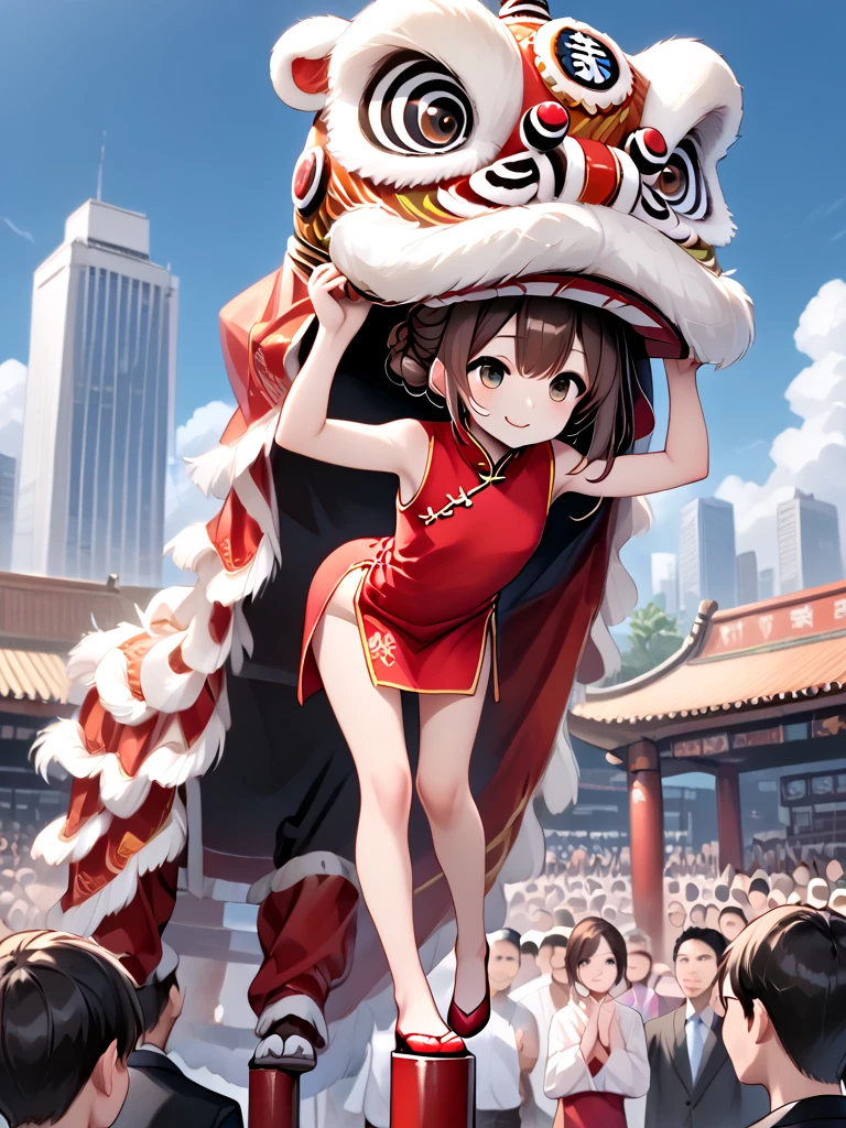 score_9, source_anime, lion dance, lifting person, wooden poles, stepping on poles, knee up, armpits, male focus, 1boy, 1girl, milf, smile, brown hair, braid, black qipao, sleeveless dress, bare legs, sky, outdoors, crowd, people, audience, cityscape, leaning forward, bent over, leg up, <lora:girllikeliondance_pony:0.8>