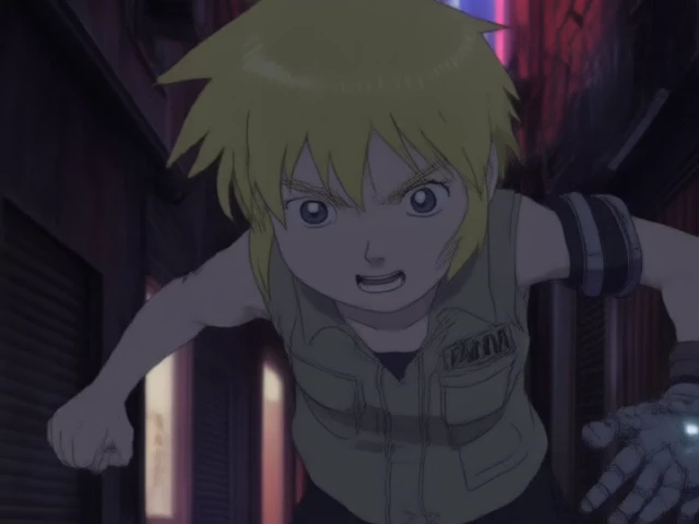 Katsuhiro Otomo style. A blonde girl with short, spiky hair and a mechanical arm, wearing a sleeveless utility vest. She is sprinting through a narrow alley, clutching a glowing artifact. The background is a gritty urban district with neon signs casting a chaotic array of colors.
