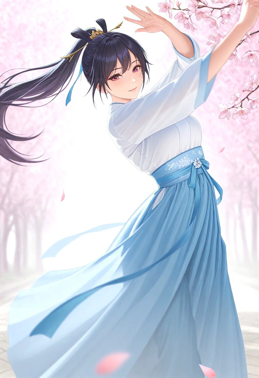 68G, (Dragon_Girl:1.2), 1girl, solo, dancing, cherry blossoms, dynamic pose, hanfu dress, masterpiece, best quality, amazing quality, very aesthetic, high resolution, ultra-detailed, absurdres, newest, very awa, dynamic lighting, photorealistic detail, detailed face, detailed eyes, detailed hair, depth of field, scenery, volumetric lighting