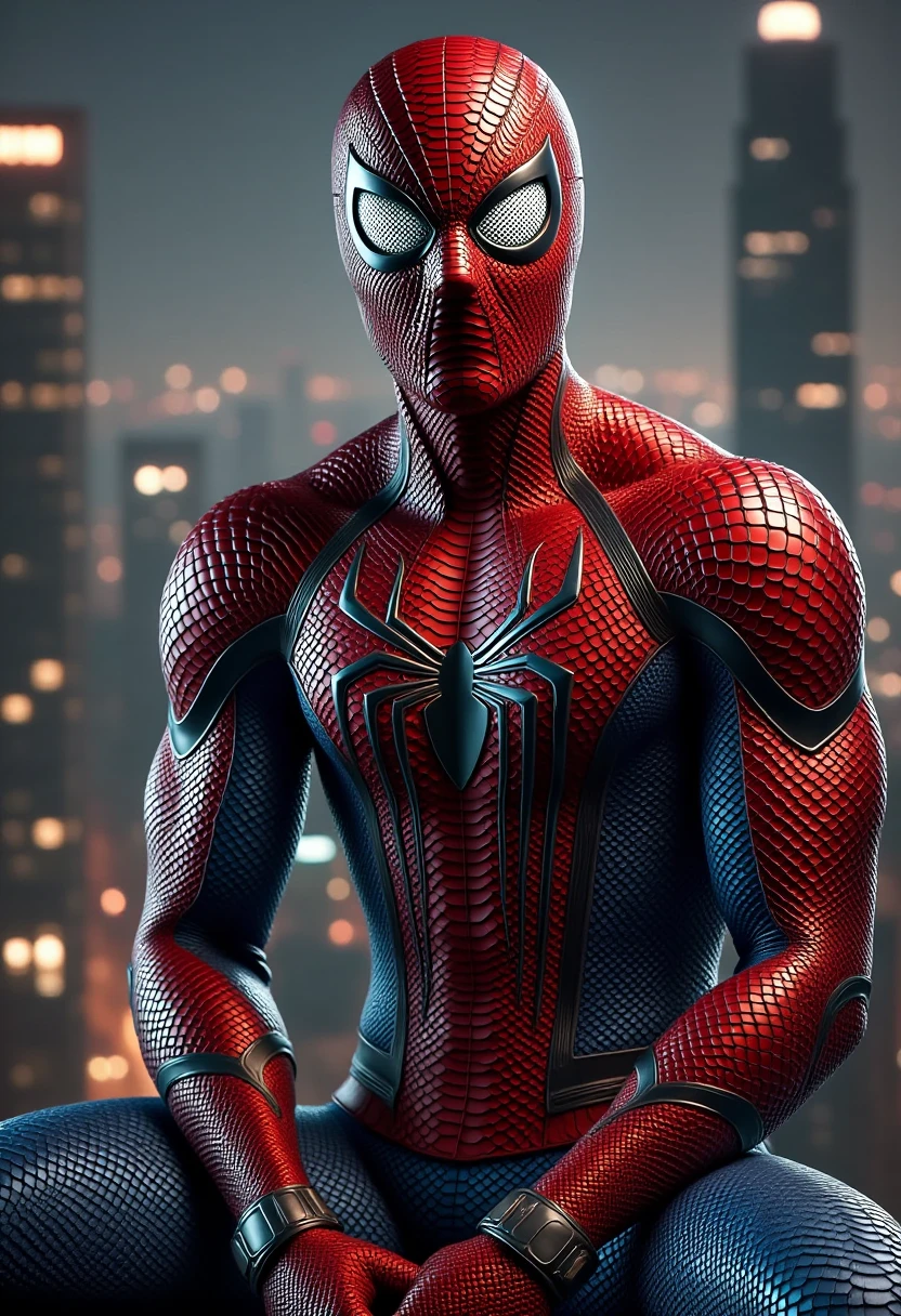 Portrait of pamsnakeskin spiderman at night sitting on a skyscraper