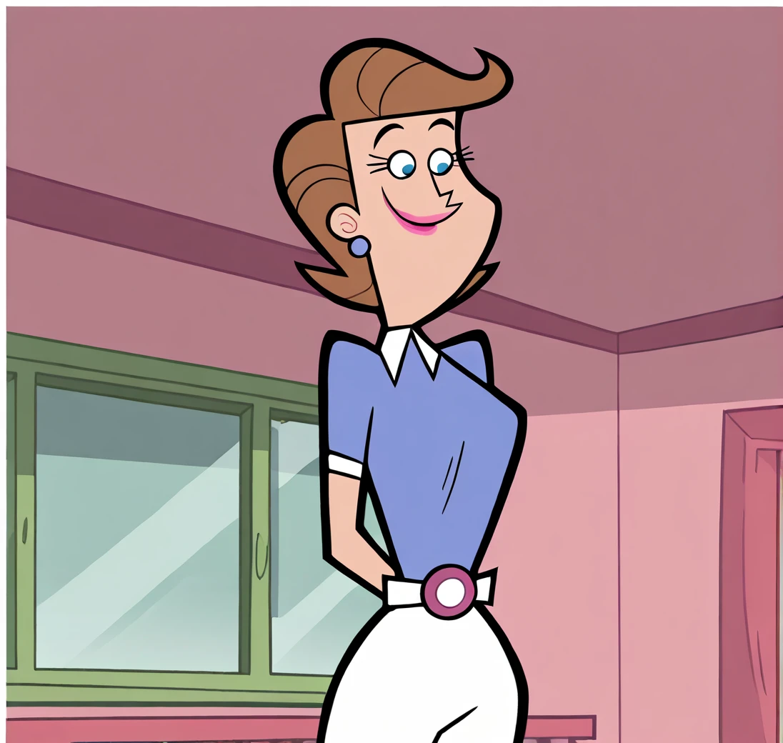 masterpiece, best quality, 4k, absurd res, highest quality, <lora:timmysmomillustrious:1>, 1girl, solo, wearing purple collared shirt, white pants, smile, indoors, mrsturner, blue eyes, mrs. turner, short hair, brown hair, lipstick, short sleeves, belt,