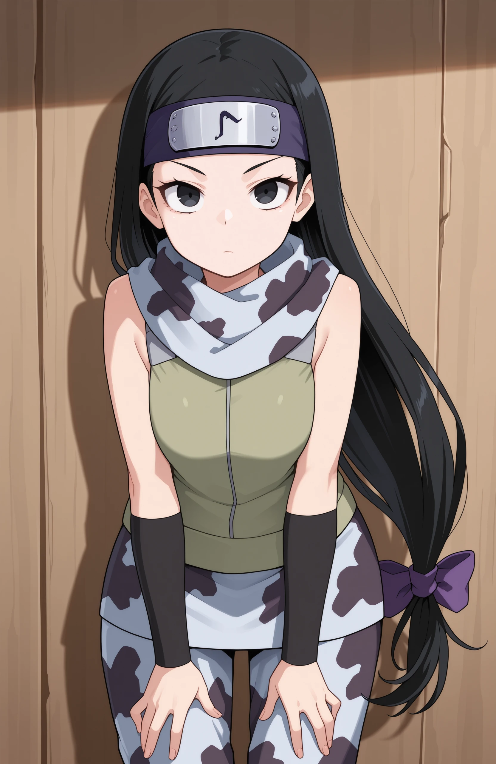 masterpiece, best quality, Tsch, 1girl, black hair, low-tied long hair, black eyes, purple bow, forehead protector, green vest, grey scarf, arm warmers, camouflage pants, camouflage skirt, looking at viewer <lora:Kin tsuchi IXL 7:1>