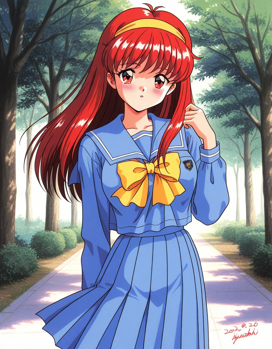 general,highres, ultra-detailed,very aesthetic,best quality ,best hands, BREAK <lora:Fujisaki_Shiori_IS:1>Fujisaki_Shiori, 1girl,solo, long hair, hairband, red hair, red eyes, large breasts,bags, 1990s \(style\), blush face, kokura masashi style,
blue school uniform, serafuku, skirt, 1990s (style), yellow bow, bow, blue skirt, long sleeves, blue sleeve, dated, pleated skirt, one hand up,
blue sailor collar, signature, looking at viewer, parted lips, tree, brown eyes, outdoors, shirt,