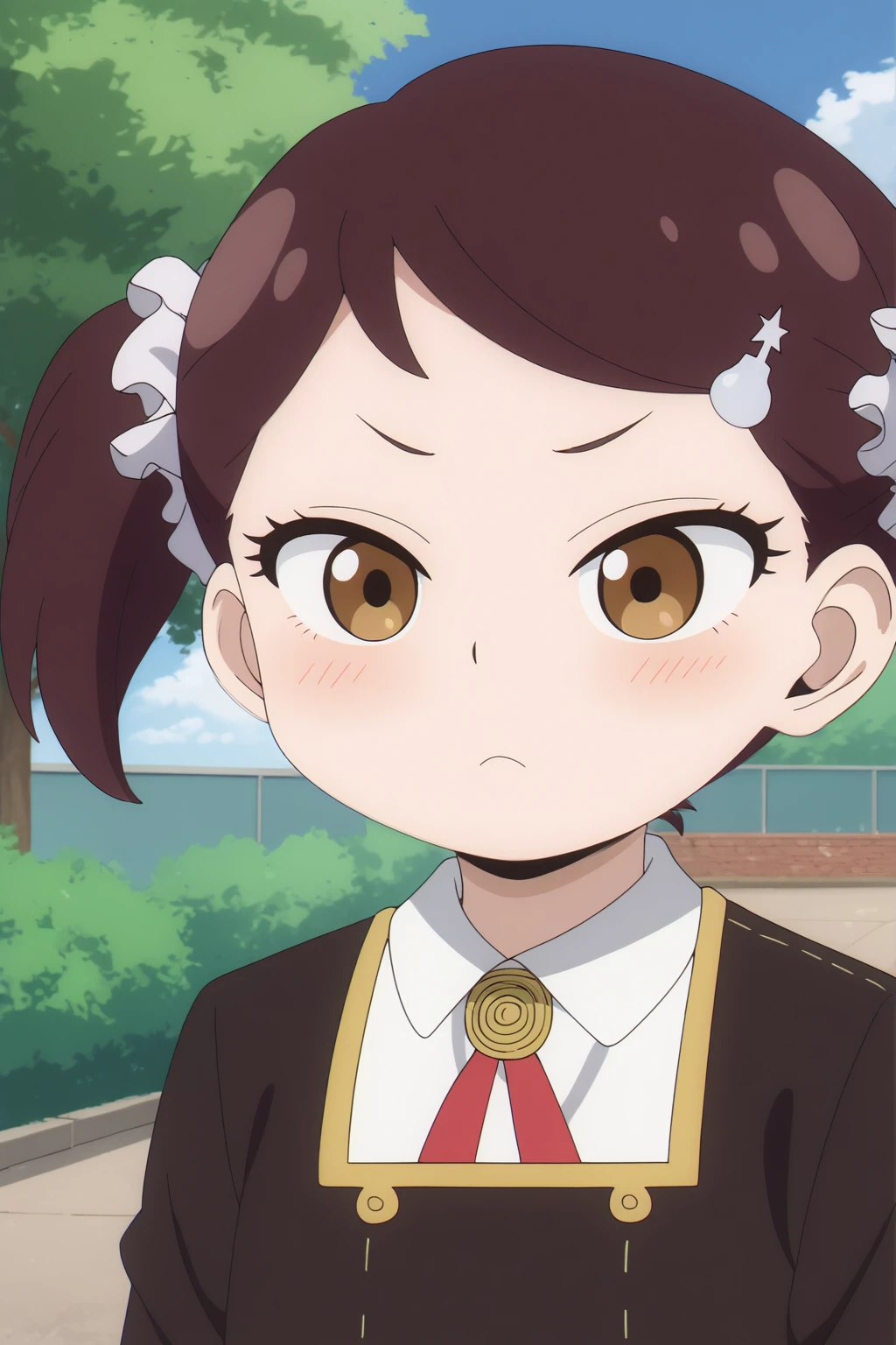 Becky Blackbell, outdoors, upper body, school uniform <lora:Spy_X_Family_-_Becky_Blackbell:0.8>