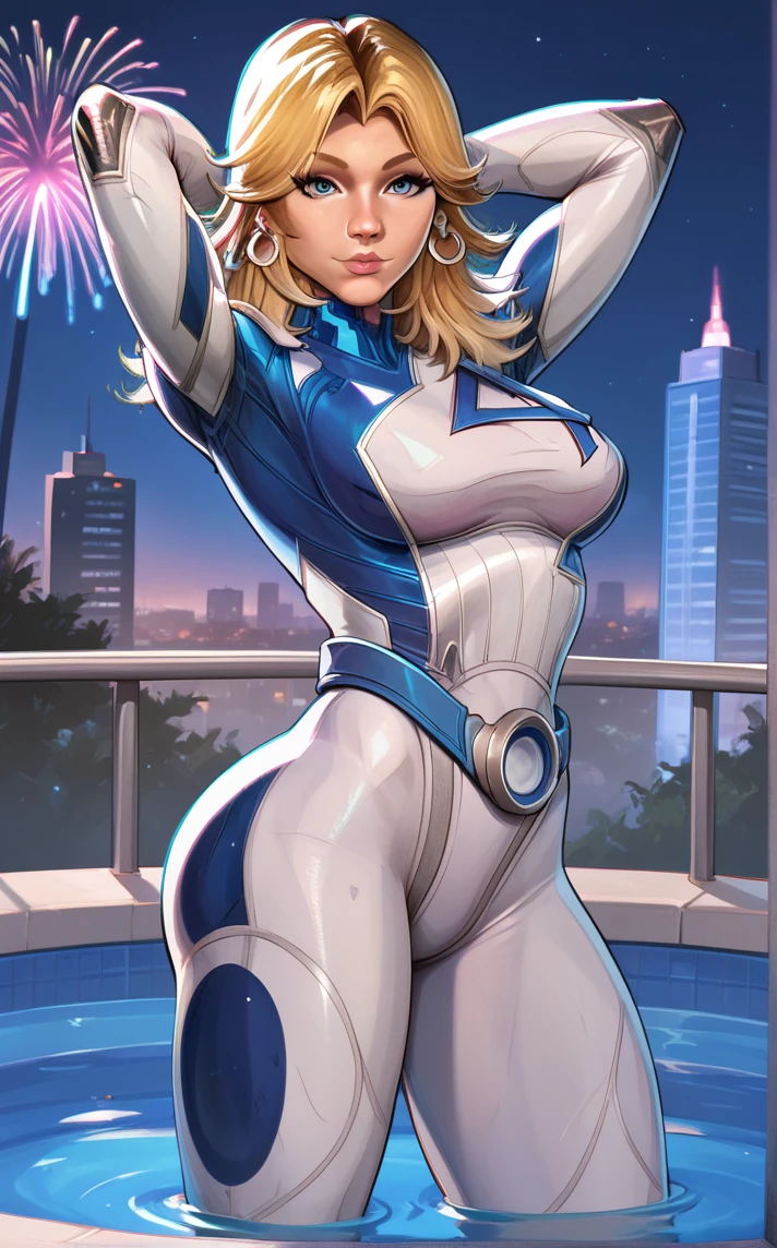 score_9, score_8_up, score_7_up, contrapposto, arms behind head, aerial fireworks, wading, neon_lights, cityscape, night, pool, full moon, outdoors, depth of field, solo, looking at viewer, <lora:PONYXL_MarvelRivalsSueStorm_ownwaifu:1>, BREAK PONYXL_MarvelRivalsSueStorm_ownwaifu, 1girl, blue belt, blue bodysuit, flipped hair, long legs, narrow waist, number print, skin tight, toned, two-tone bodysuit, white bodysuit, blonde hair, blue eyes, lips, long hair, jewelry, medium breasts, hoop earrings, nose, gloves, large breasts, superhero, earrings, blue gloves, parted bangs, multicolored clothes, bangs, pilot suit, white gloves, multicolored bodysuit, shiny hair, pink lips, thick eyebrows, thick thighs, turtleneck, covered abs, <lora:add-detail-xl:0.15>,