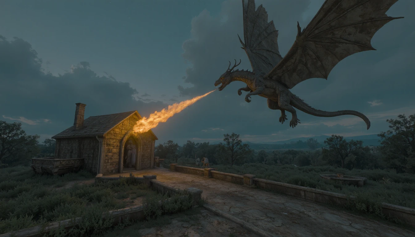 W3ATMST. Dark fantasy art of a dragon flying over the farm land, blowing fire at the farmerâs wooden cottage, smoky, cloudy sky, grim atmosphere
