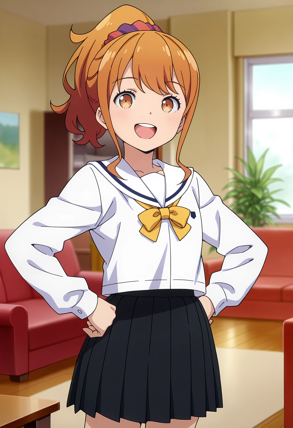 anime screencap, masterpiece, best quality,
<lora:EromangaSensei_JinnoMegumi_IlluXL:0.9>,
1girl, solo, open mouth, smile, light blush, upper teeth only,
ginger hair, brown eyes, high ponytail, hair scrunchie,
MegumiSchool, white sailor collar, white shirt, yellow bowtie, long sleeves, pleated skirt, black skirt,
standing, looking at viewer, hands on own hips, cowboy shot,
blurry background, indoors, living room, couch, window, plant