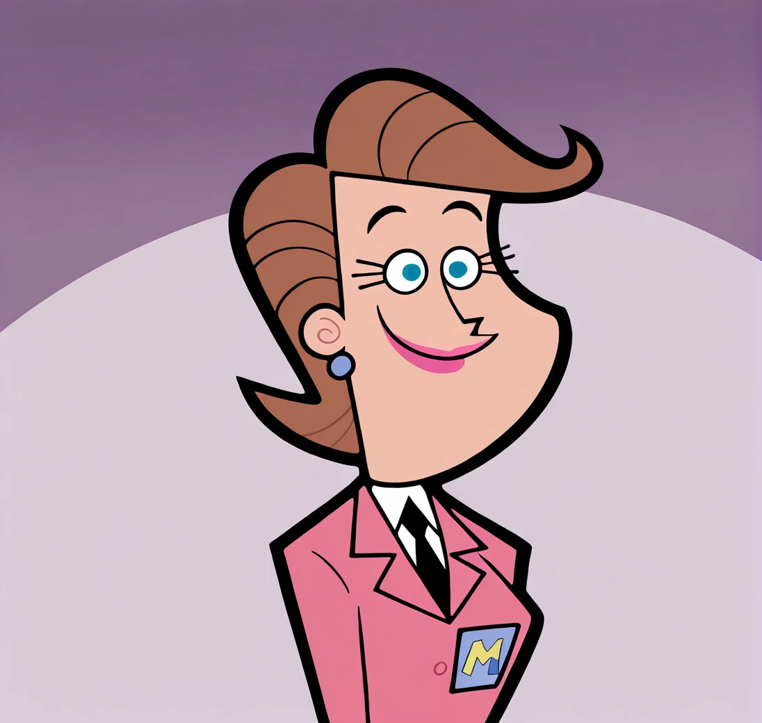 masterpiece, best quality, 4k, absurd res, highest quality, <lora:timmysmomillustrious:1>, 1girl, solo, smile, blue eyes, mrsturner, wearing pink suit, necktie, mrs. turner, lipstick,