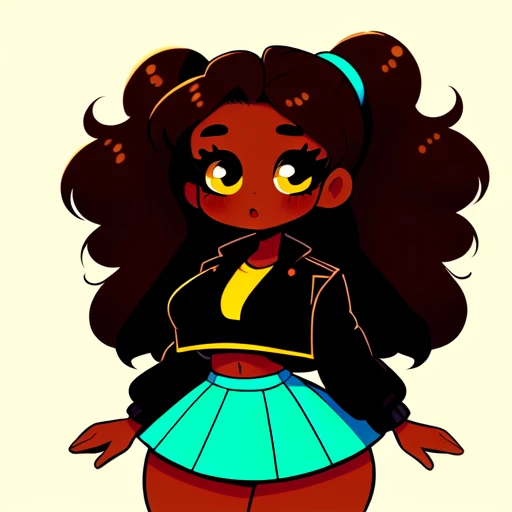,1girl, dark-skinned girl, solo, large black afro hair, wearing a seamless zipperless fully pink Nylon outfit with pink leggings , pink long sleeve tight0fitting Nylon shirt, no logos, long afro hair, green eyes, large ring earrings, smile, jewelry, looking at the viewer, earrings, Black hair, <lora:dunno (2):1>