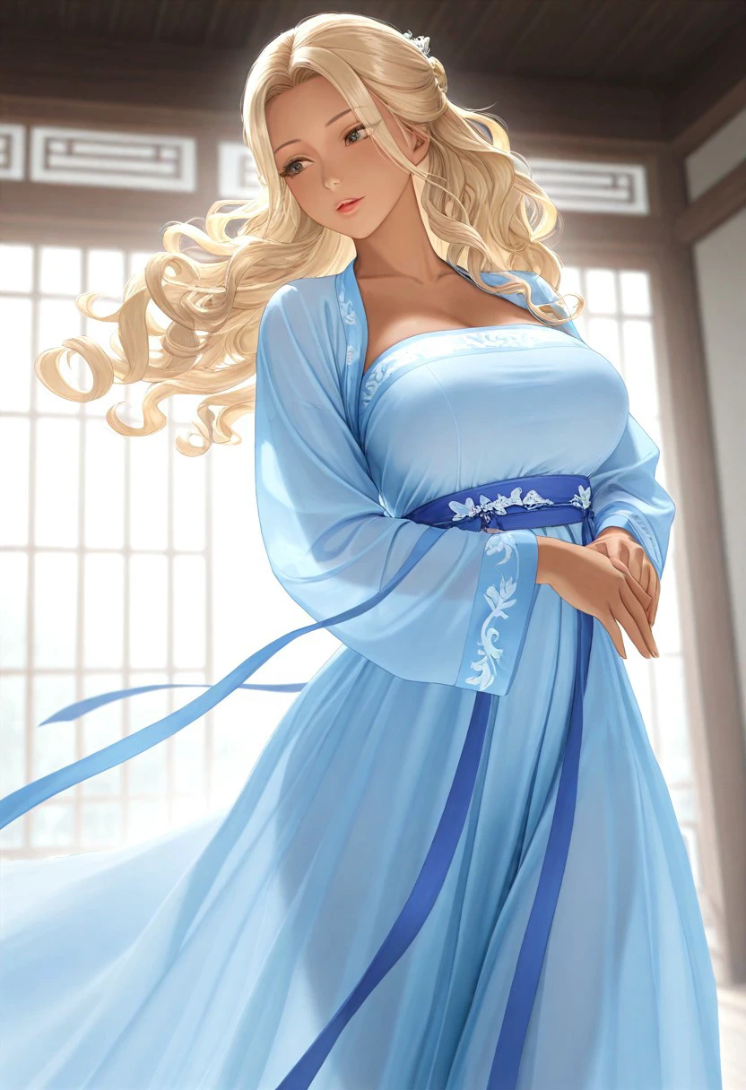 68G, 1girl, solo, long hair, blonde hair, curly hair, brown skin, large breasts, standing, in a alleyway, dynamic pose, hanfu dress, masterpiece, best quality, amazing quality, very aesthetic, high resolution, ultra-detailed, absurdres, newest, very awa, dynamic lighting, photorealistic detail, detailed face, detailed eyes, detailed hair, depth of field, scenery, volumetric lighting