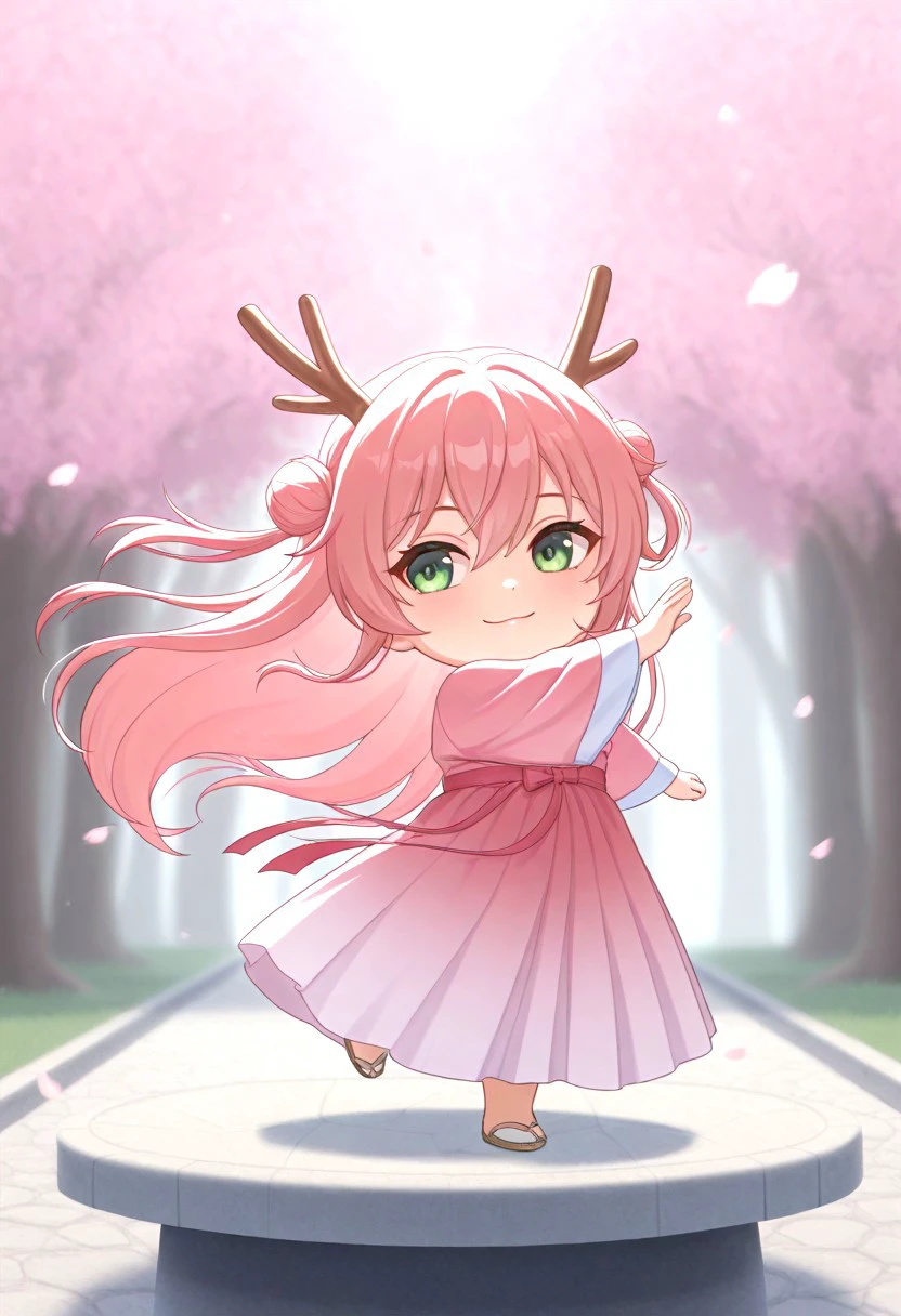 68G, (cute, short stack, chibi, anthropomorphic Dragon:1.2), 1girl, solo, dancing, cherry blossoms, dynamic pose, hanfu dress, masterpiece, best quality, amazing quality, very aesthetic, high resolution, ultra-detailed, absurdres, newest, very awa, dynamic lighting, photorealistic detail, detailed face, detailed eyes, detailed hair, depth of field, scenery, volumetric lighting
