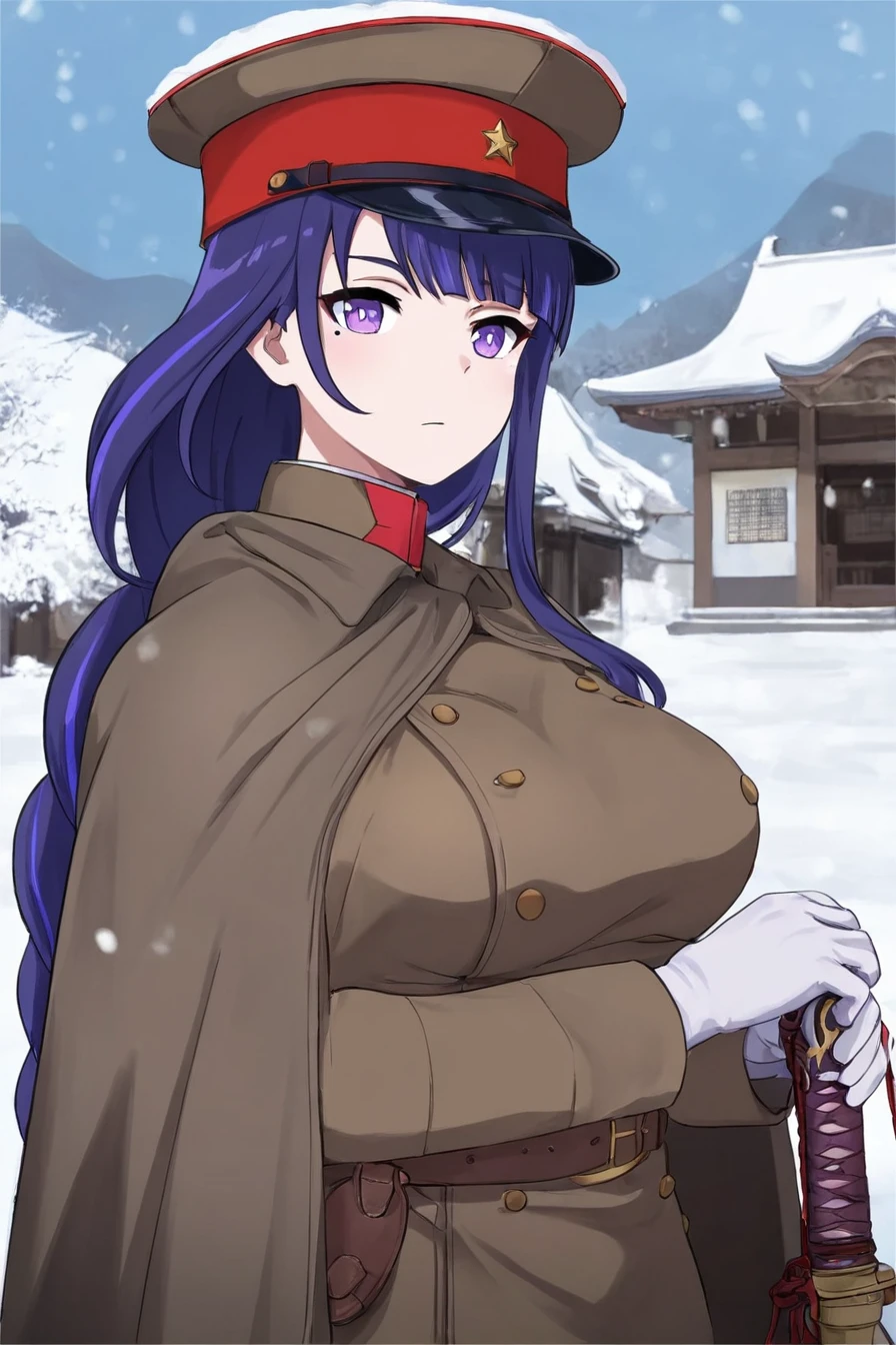 people,characters,copyright,style,general tags,rating,masterpiece,best quality,good quality,newest,
blood stain,simple background,
1girl,<lora:IJA uniform-v3IL:1>,cape,military,hat,uniform,military_uniform,white_gloves,peaked_cap,military_hat,belt,IJA Taisho,IJA officer,IJA peaked cap,cloak,double breasted uniform,leather belt,khaki uniform,gloves,
raiden shogun,long_braid,mole_under_eye,purple hair,long hair,large breasts,holding katana,expressionless,
braid,braided ponytail,mole,single braid,sidelocks,
outdoors,snow,snowing,winter,east asian architecture,japanese village,