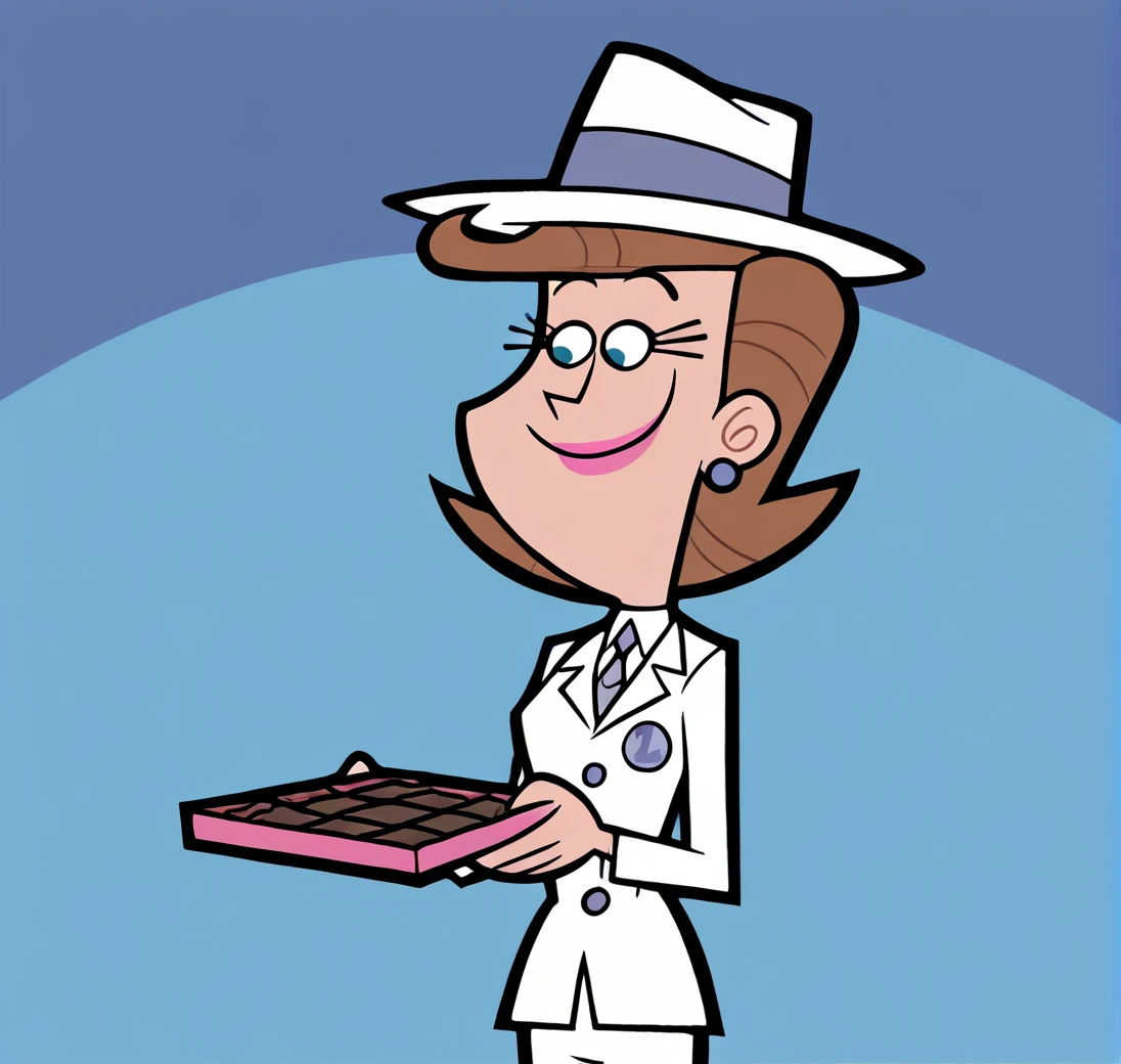 masterpiece, best quality, 4k, absurd res, highest quality, <lora:timmysmomillustrious:1>, 1girl, solo, smile, short hair, shirt, hat, holding, jewelry, white shirt, earrings, food, necktie, collared shirt, pants, makeup, buttons, blue background, formal, suit, chocolate, brown hair, pink lipstick, eyelashes, mrsturner