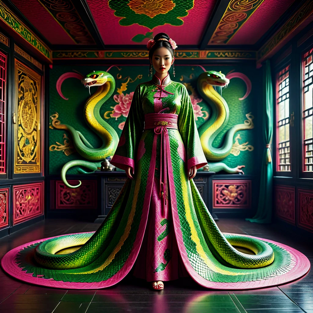 4k,anime,manga style, extremely detailed wide view of amazing scene everthing made of green and yellow snake skin, woman wearing chinese cloths, colorful,A striking pink panther is featured with an extraordinary pattern covering its body,portrayed in an indoor studio environment. The animals vibrant color and distinctive design make it stand out..digital and gothic art,oil painting,digital art,sky,monochrome,hyperdetailed,4k , dark contrast, (HD, masterpiece, best quality, hyper detailed, ultra detailed),amazing, MJ52_v2.0Midjourneymimicsdxl, add-detail-xl, traditional_chinese_clothes_sdxl-000006, hand 5.5, sn4ke<lora:sdxl\Midjourneymimicsdxl\MJ52_v2.0Midjourneymimicsdxl.safetensors:0.55:0.55> <lora:sdxl\enhancment\add-detail-xl.safetensors:0.58:0.58> <lora:sdxl\mine\traditional_chinese_clothes_sdxl-000006.safetensors:0.56:0.56> <lora:sdxl\hand 5.5.safetensors:0.54:0.54> <lora:sdxl\morph\sn4ke-sdxl.safetensors:0.75:0.75>