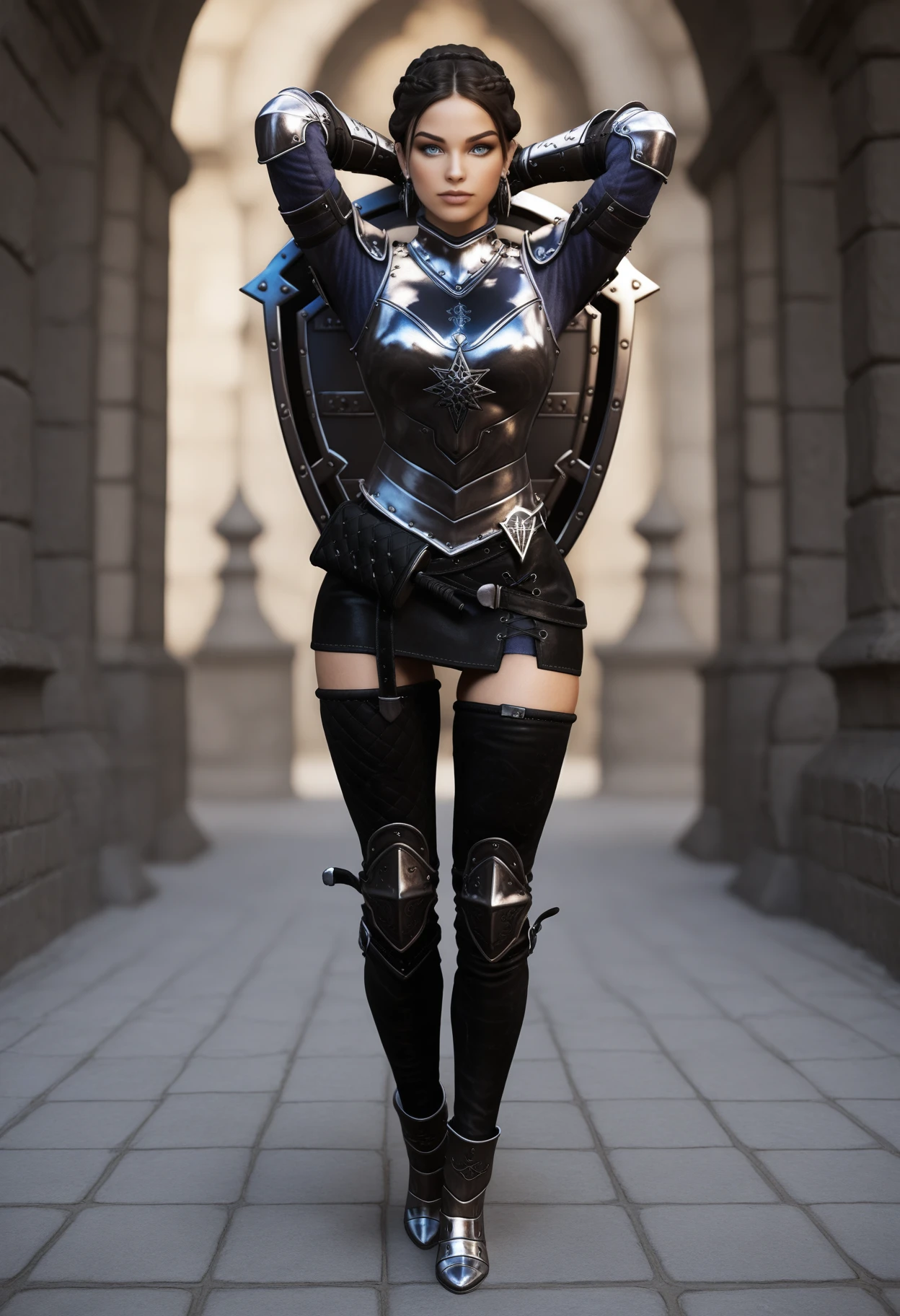 ((masterpiece, best quality, absurdres)),
1girl, solo,
arms behind head, looking at viewer,
wide shot, straight-on, depth of field,
<lora:Dark_DarkKnight_Illust_v1:0.8> d4rkkn1ght, armor, gauntlets, skirt, single thighhigh:zettai ryouiki, boots, earrings, blue eyes, black hair:crown braid:single hair bun, shield:shield on back,