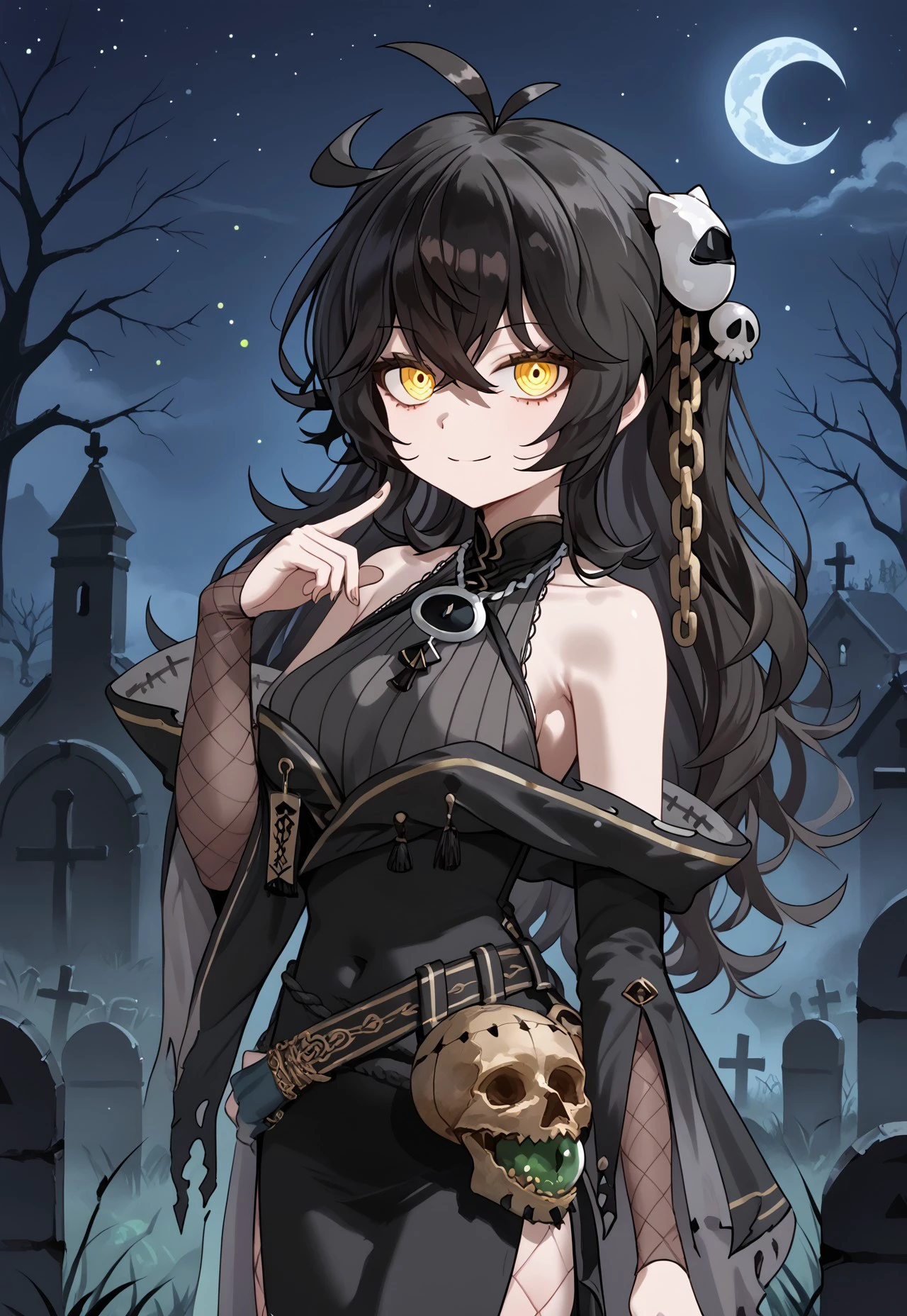 handfixer, Grimmi2nd, long hair, bare shoulders, black hair, yellow eyes, bangs, skull hair ornament, fishnet pantyhose, hair between eyes, black dress, ahoge, antenna hair, belt, messy hair, detached sleeves, bags under eyes,
from side, looking at viewer, evil smile, glowing eyes, hand up,
night, night sky, graveyard,