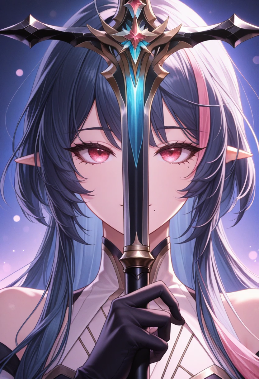 masterpiece, best quality, absurdres, highres, newest, 1girl, solo,(holding staff:1.6, swordup, close-up, ), gloves, upper body, <lora:swordsalute-pose-richy-v1_ixl:1> <lora:Fumyr-ILXL-V1:1> epics7ven fumyr,streaked hair, long hair, mole under eye, mole under mouth, <lora:RealisticAnimeIXL:0.4> bokeh, luminescent background,