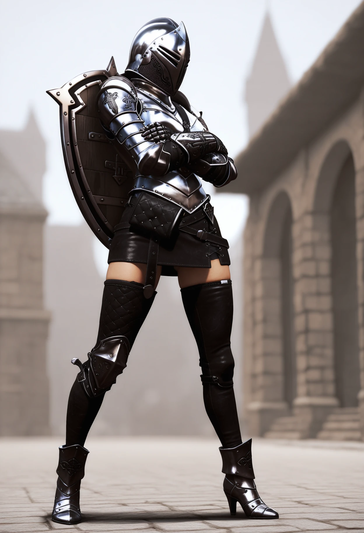 ((masterpiece, best quality, absurdres)),
1girl, solo,
crossed arms, legs apart,
depth of field,
<lora:Dark_DarkKnight_Illust_v1:0.8> d4rkkn1ght, armor, gauntlets, skirt, thighhighs:zettai ryouiki, boots, helmet, shield:shield on back,