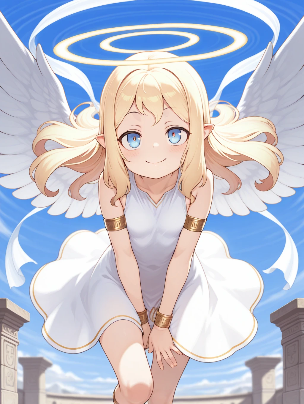 (kinako_(shiratama_mochi) style, ((topless)), nsfw, masterpiece, 1 girl, erect nipples, intricately detailed, topless, navel, bare shoulders, necklace, blonde, long hair, white skirt, angel wings, flying, extremely detailed, unreal engine, bare breasts, puffy nipples, blue eyes, extending hand, sky, fantasy, enchanted, angel, bare stomach, sweaty, , small breasts, flat chest, arm strap, full body, halo, wings, feathers, light, smiling, outdoors, bangs between eyes, hair ornament, flat chest, white sarong, gold thigh strap, young girl, hand cuff, chain, barefeet, flying, ankle strap