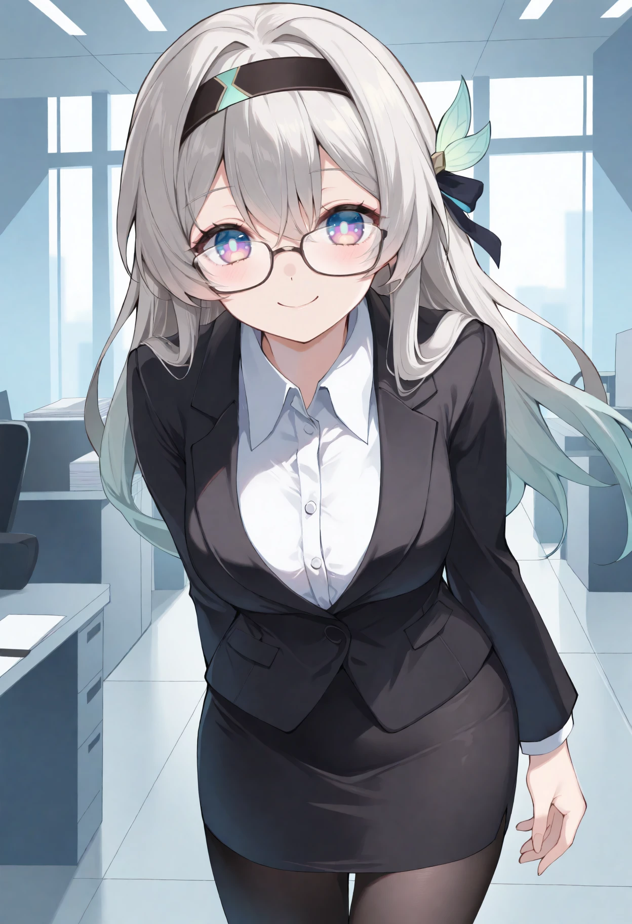 masterpiece, best quality, 1girl, solo, F1reflyHSR, blue pupils, purple eyes, blue eyes, grey hair, multicolored hair, long hair, black hairband, hair ornament, office lady, glasses, looking over eyewear, blush, looking at viewer, smile, black blazer, dress shirt, white shirt, pencil skirt, black pantyhose, indoors, office, <lora:ChamFireflyIllustriousXL:1>