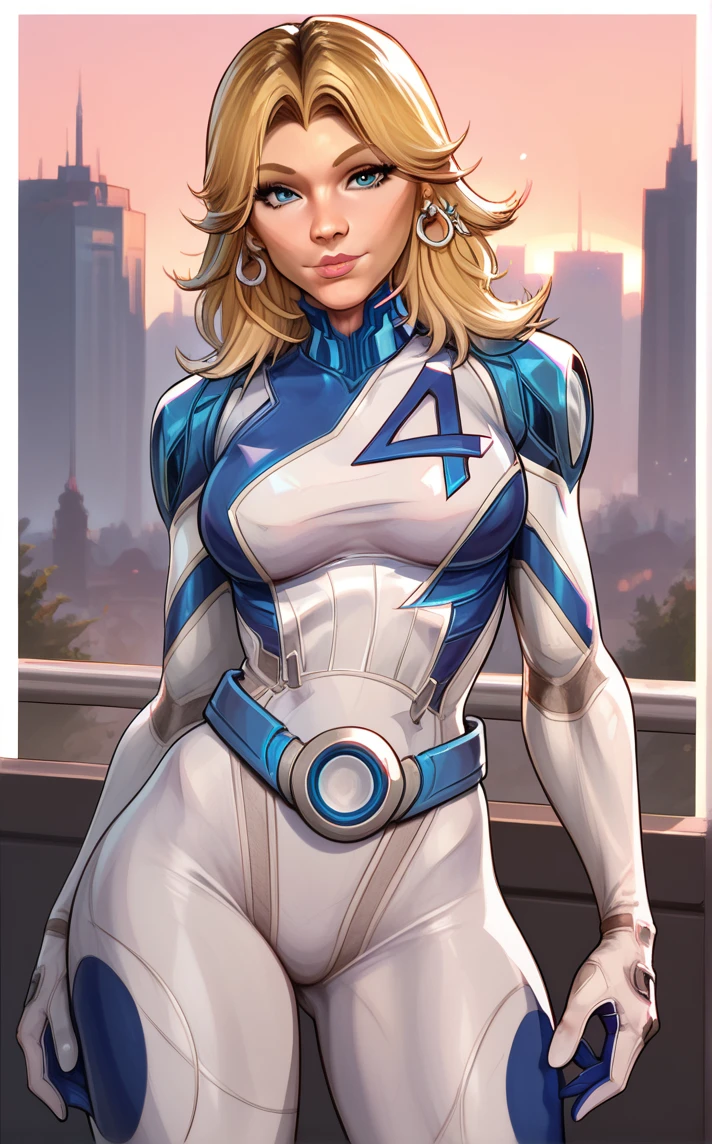 score_9, score_8_up, score_7_up, absurdres, portrait, head tilt, straight-on, white border, bokeh, solo, looking at viewer, <lora:PONYXL_MarvelRivalsSueStorm_ownwaifu:1>, BREAK PONYXL_MarvelRivalsSueStorm_ownwaifu, 1girl, blue belt, blue bodysuit, flipped hair, long legs, narrow waist, number print, skin tight, toned, two-tone bodysuit, white bodysuit, blonde hair, blue eyes, lips, long hair, jewelry, medium breasts, hoop earrings, nose, gloves, large breasts, superhero, earrings, blue gloves, parted bangs, multicolored clothes, bangs, pilot suit, white gloves, multicolored bodysuit, shiny hair, pink lips, thick eyebrows, thick thighs, turtleneck, covered abs, <lora:add-detail-xl:0.15>,