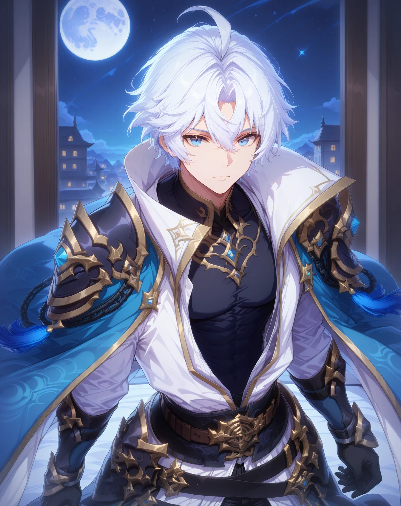 masterpiece, best quality, absurdres, very aesthetic,
1boy, solo, yaoi, male focus, looking at viewer, closed mouth, standing, portrait,
<lora:Lass_Soul_Imprint:1> lassfsi, white hair, blue eyes, short hair, hair between eyes, ahoge,
shoulder armor, black gloves, belt, black shirt, black pants, pauldrons, cape, coat, gold trim,
indoors, night, sky, starry sky, window, full moon,