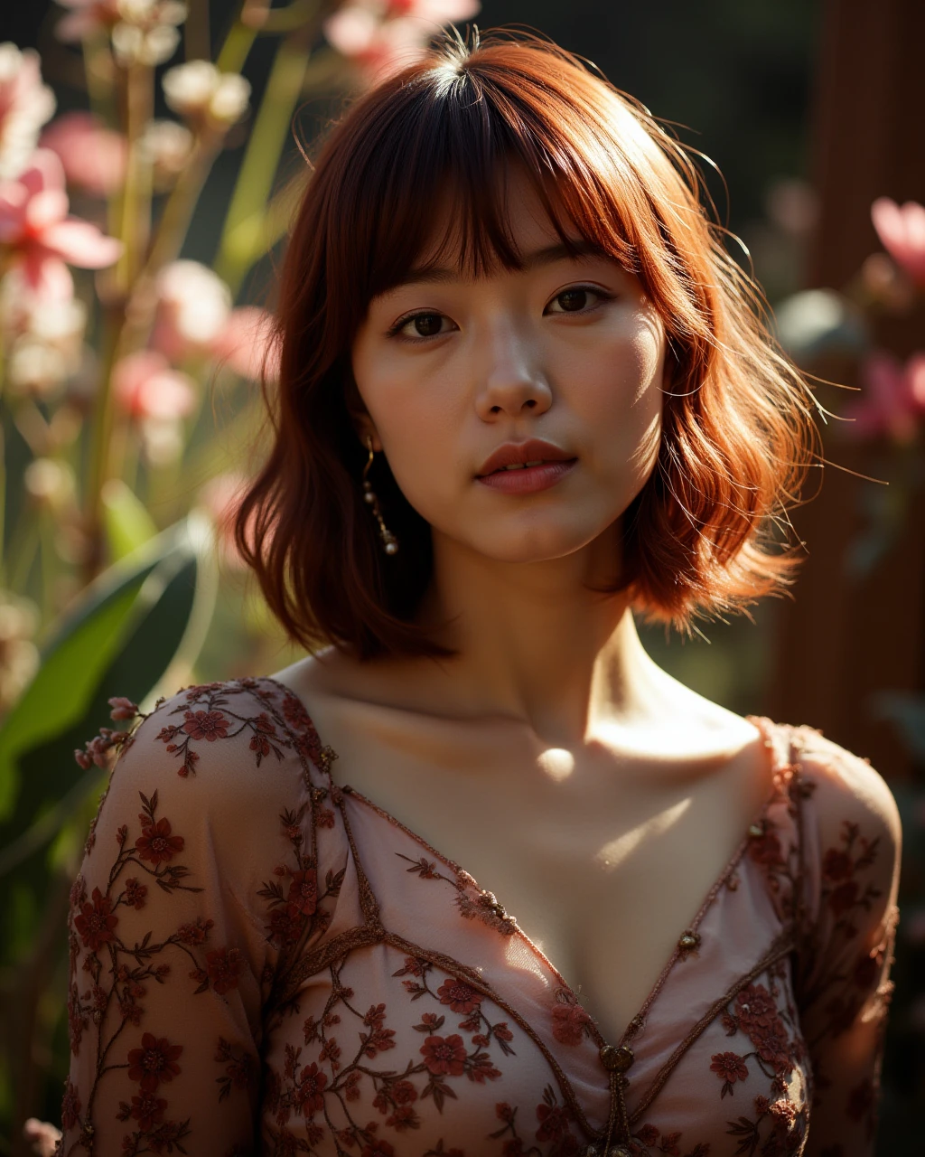 A asian woman with shoulder-length maroon hair and stylish bangs. The intricate details of her outfit and the mesmerizing environment around her are captured with a mastery that blurs the line between reality and fantasy, creating a masterpiece that feels both otherworldly and grounded in raw beauty The natural light highlights her confident posture and elegant features, contrasts beautifully with her modern, stylish appearance. The atmosphere is serene, with the warm sunlight casting soft shadows and enhancing the overall balance between youthfulness and cultural heritage in the composition. Delicate flower and plant arrangements adorn her surroundings, bathed in dynamic chiaroscuro's dramatic play of light and shadow. High-resolution details reveal perfect anatomy, drawing the viewer in with its awe-inspiring beauty. The scene is centered, radiating an atmosphere of mystery as the subject's captivating pose fills the frame. The lighting is a combination of gel lights that cast a mystical, colorful glow over the scene, reminiscent of a Kodak Portra 400 film's vibrant and rich tones.
<lora:hinaFluxAsianMixLora_v4:0.7>