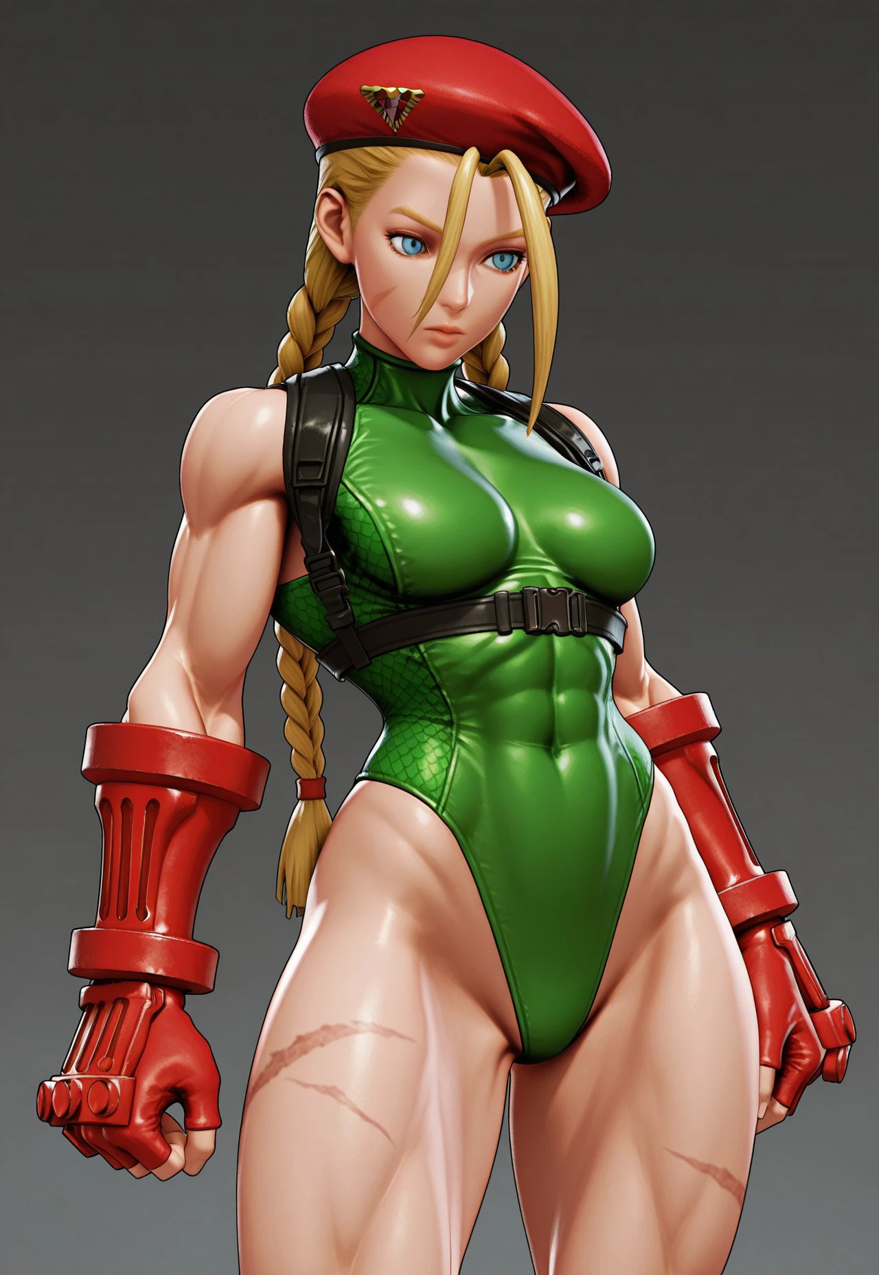 1 girl, caucasian, ((detailed face)), milf cammy from street fighter wear (green leotard), night street background, standing, looking at camera, arms behind head, red gloves