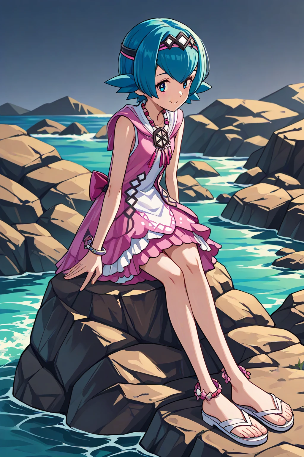 score_9, score_8_up, score_7_up, source_anime, 1girl, solo, sitting, on rock, sea, feet_in_water, smile, syglana, short_hair, blue_hair, hairband, sleeveless_dress, white_dress, [pink_dress], bracelet, jewelry, necklace, anklets, sandals, toes