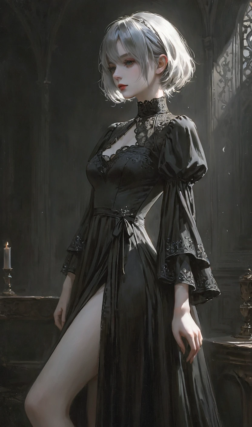 masterpiece,best quality,amazing quality,very aesthetic,absurdre BREAK
<lora:hs2b2SDXL1:0.8>, hs2b, photo of a woman with short, silver hair and pale skin, wearing a dark, gothic-style dress with lace details and a high collar. she has a serious expression and is standing in a dimly lit room with a dark background. the lighting is soft and moody, casting gentle shadows on her face and body. the dress has a high slit on one side, revealing her thigh. the image is high quality and has a cinematic feel. the woman is looking slightly to the side, away from the camera.