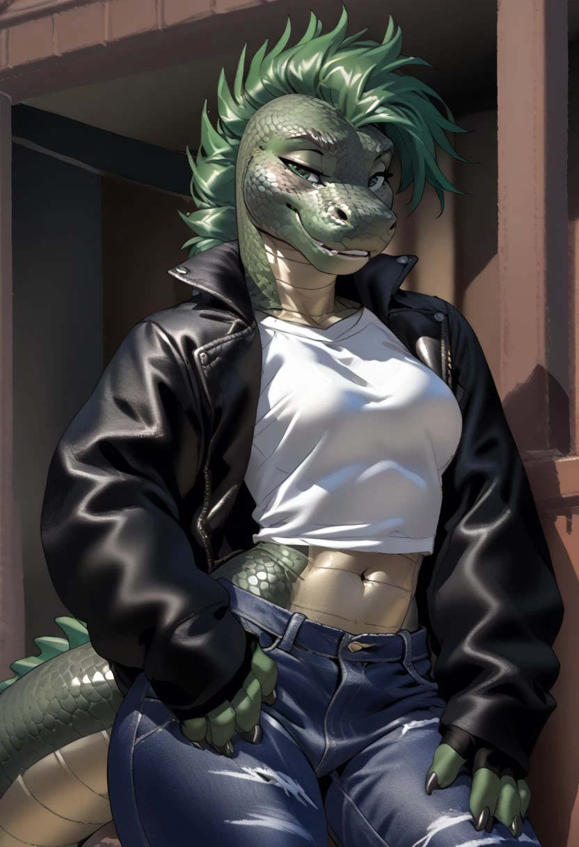 score_9, score_8_up, score_7_up, (by jailbird:1.5), (by kittydee:1.5), (by zummeng:1.5), masterpiece, best quality, (solo),
(Furry Art : Anthro : komodo dragon:1.5), transgirl, expressive eyes, feminine eyes, <lora:beautiful_detailed_eyes:1>, perfect face, feminine face, (beautiful green hair:1.5), reptile, exotic lizard, scaly skin, (mohawk hair:1.5), feminine body, medium breasts, (flat belly:1.3), (wide hips:1.4), (slim waist:1.2), (thick thighs:1.4), (graphic t-shirt:1.5), (ripped black jeans:1.5), (safety pins in clothes:1), (fingerless gloves:1.5), (leather jacket:1.5), (green eyes),