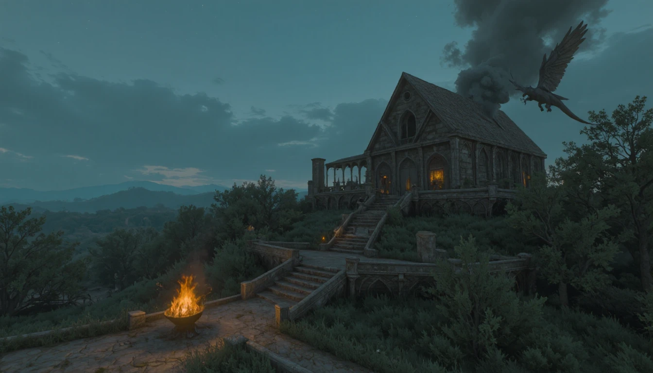 W3ATMST. Dark fantasy art of a dragon flying over the farm land, blowing fire at the farmerâs wooden cottage, smoky, cloudy sky, grim atmosphere